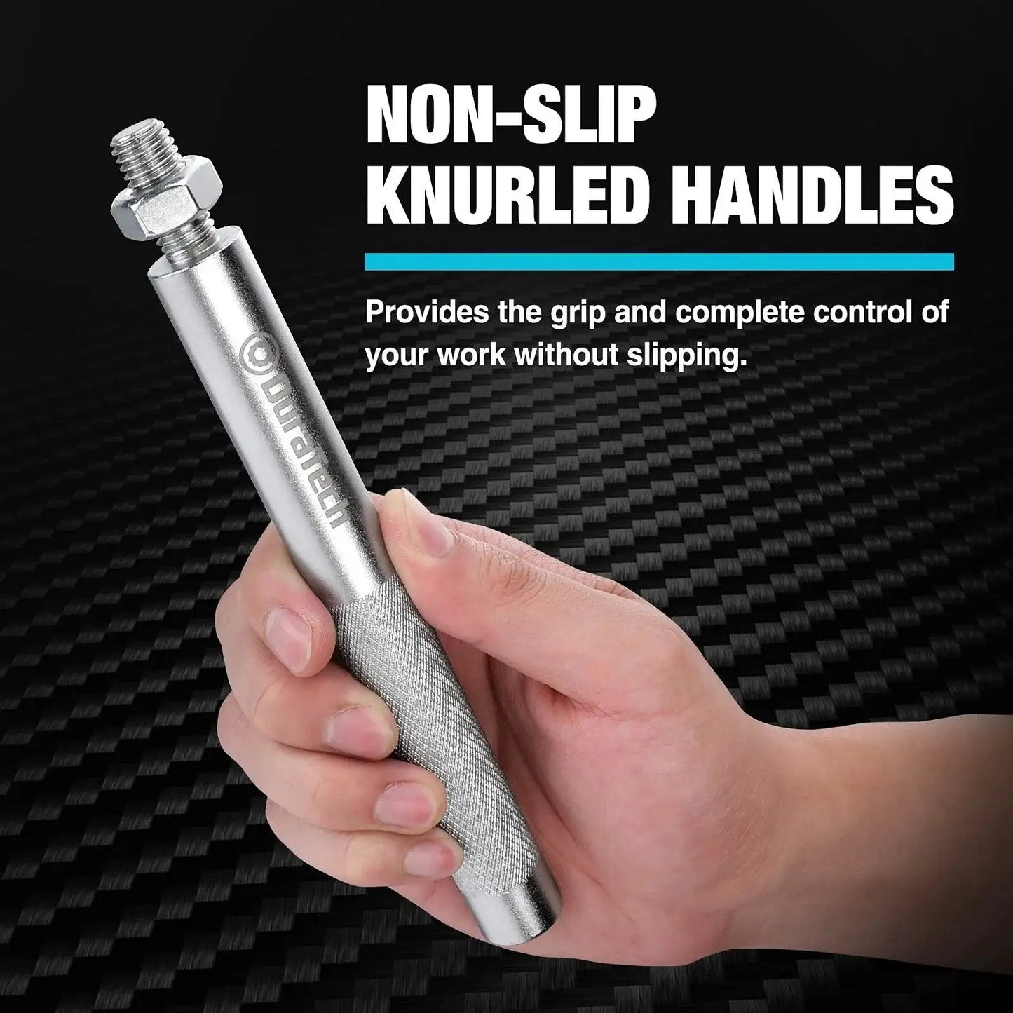 Close-up of a hand holding a knurled handle from the 5-Piece Ball Joint Separator Set With Pickle Forks For Cars And Light Trucks.