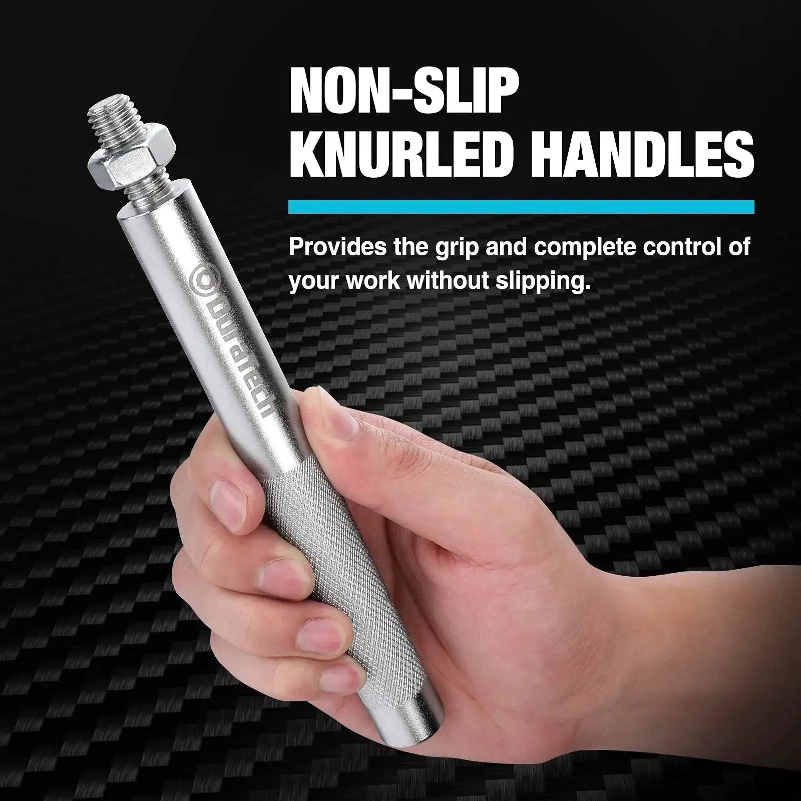 Close-up of a hand holding a knurled handle from the 5-Piece Ball Joint Separator Set With Pickle Forks For Cars And Light Trucks.