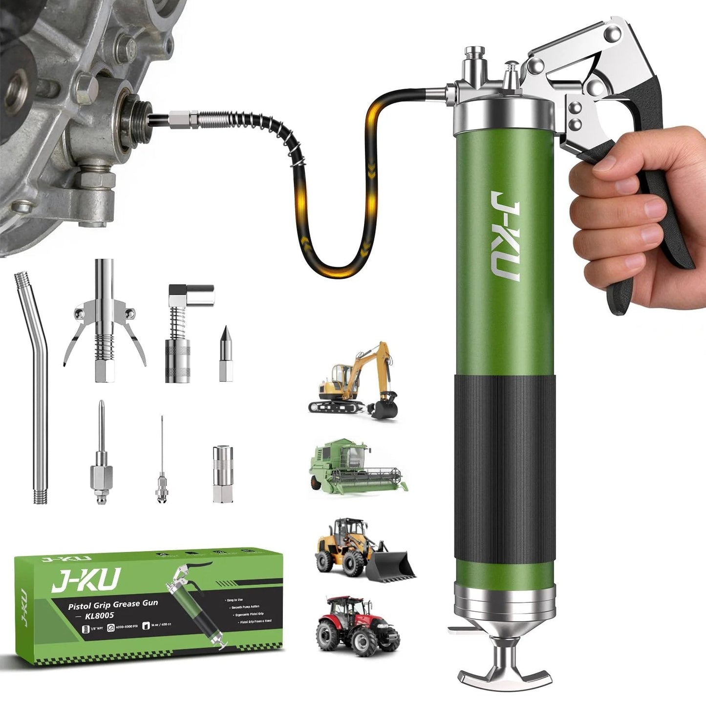 Heavy Duty 8000 PSI Manual Grease Gun Kit With Pistol Grip Air Bleed Valve Easy Priming Flexible Hose Six Nozzles 14 Oz Cartridge For Automotive Marine And Tractor Maintenance shown with box and accessories
