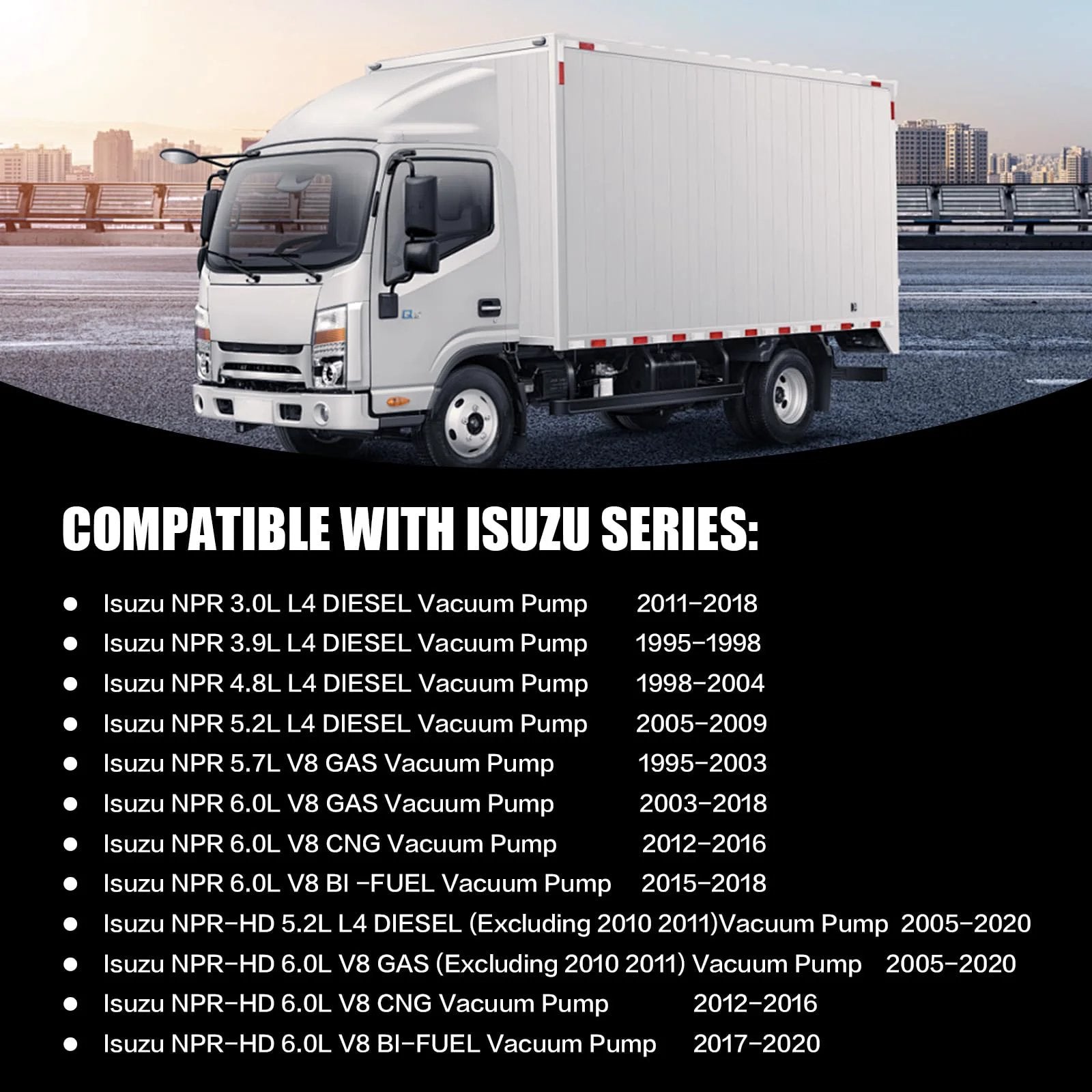 Beefed Up Vacuum Pump With Pulley For Isuzu NPR HD Trucks 1995-2020; truck compatibility chart displayed.