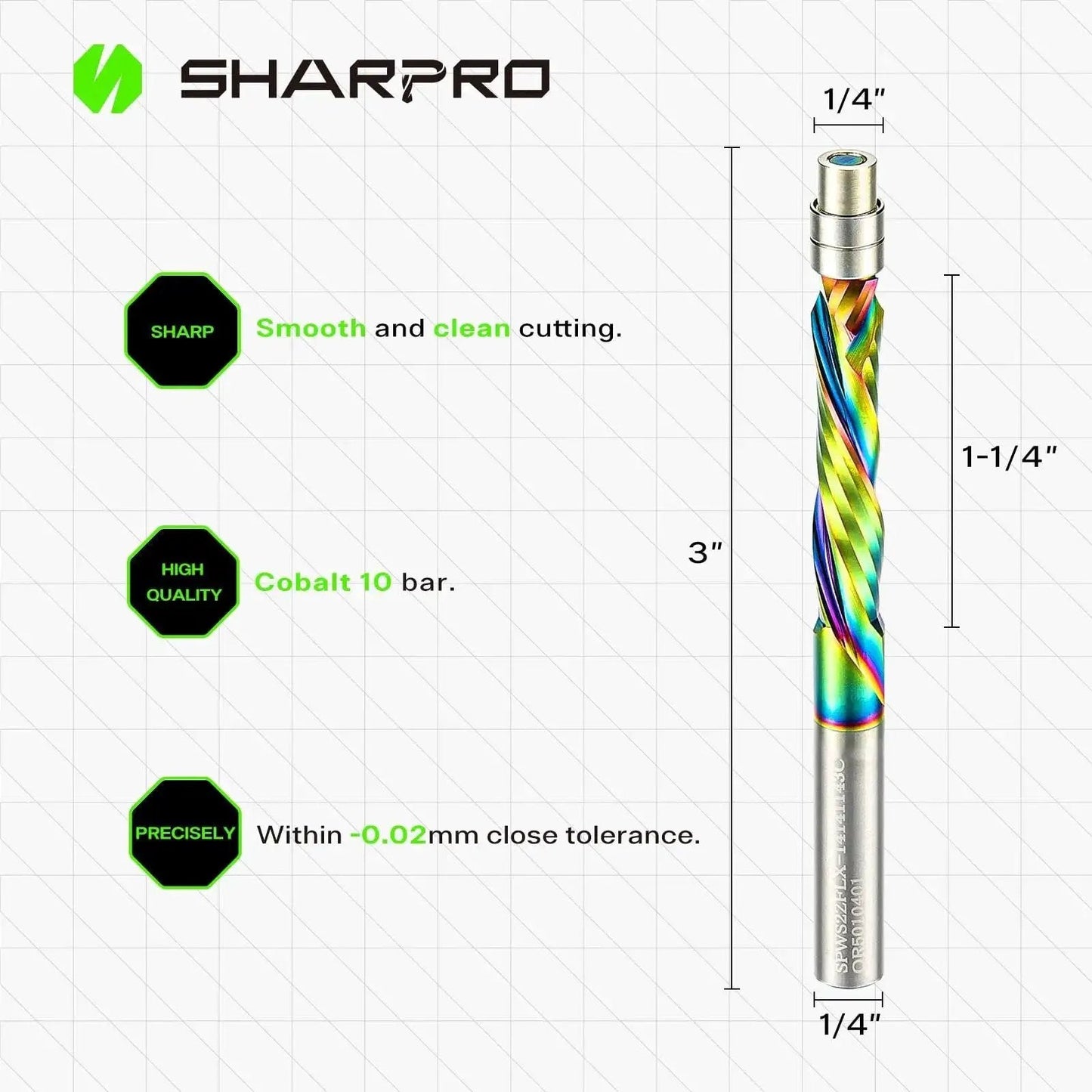 Pro Grade Compression Flush Trim Router Bit With One Quarter Inch Shank And Bottom Bearing Extra Long Coated Carbide Bit For CNC Pattern Woodworking Dual Bearing System For Stable Cuts One And One Quarter Inch Cutting Length Three Inch Overall Length shown with specifications and colorful design.