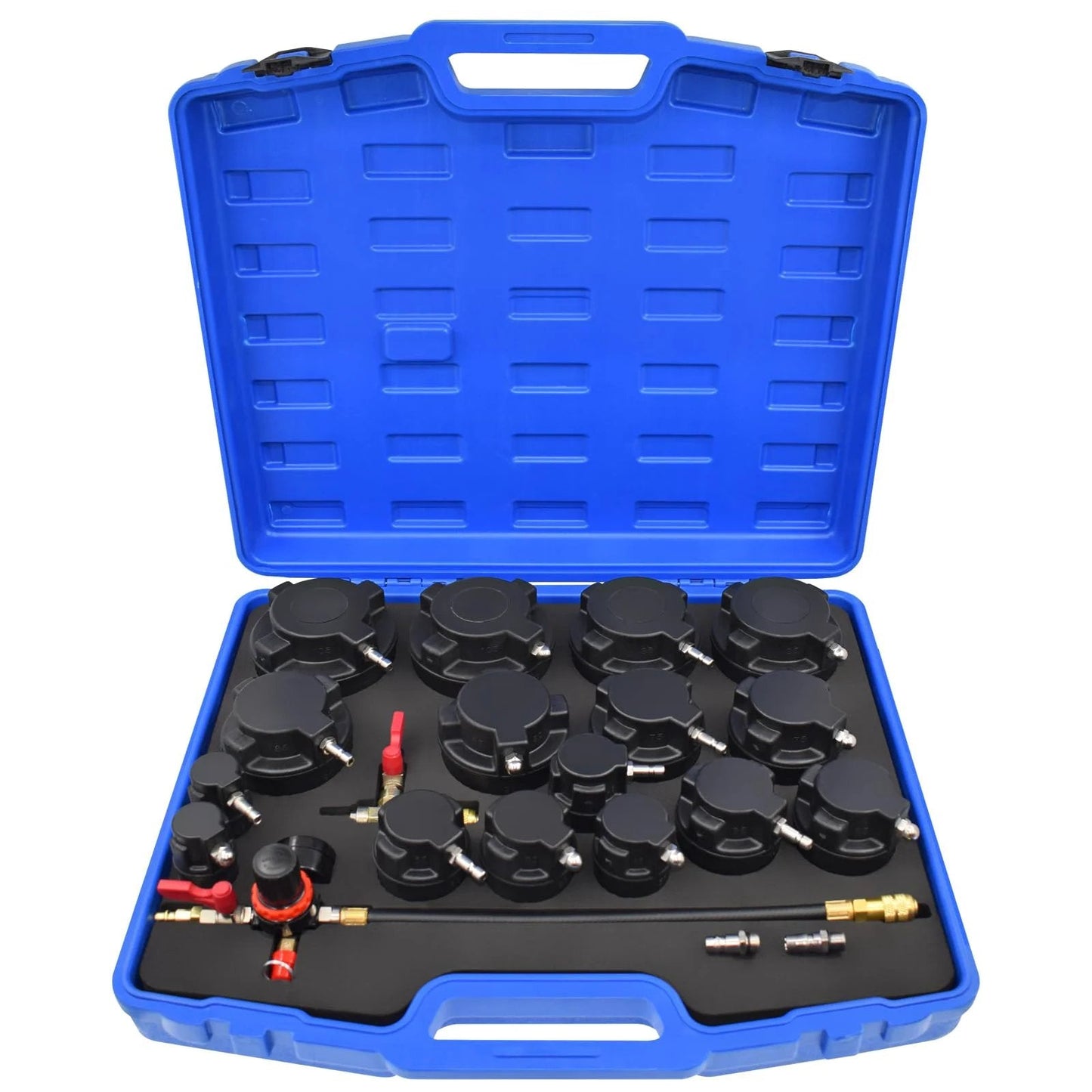 Turbo System Leakage Tester Kit With 19-Piece Set And 8 Stepped Adapters From 1 1/4 Inch To 4 1/4 Inch in blue case
