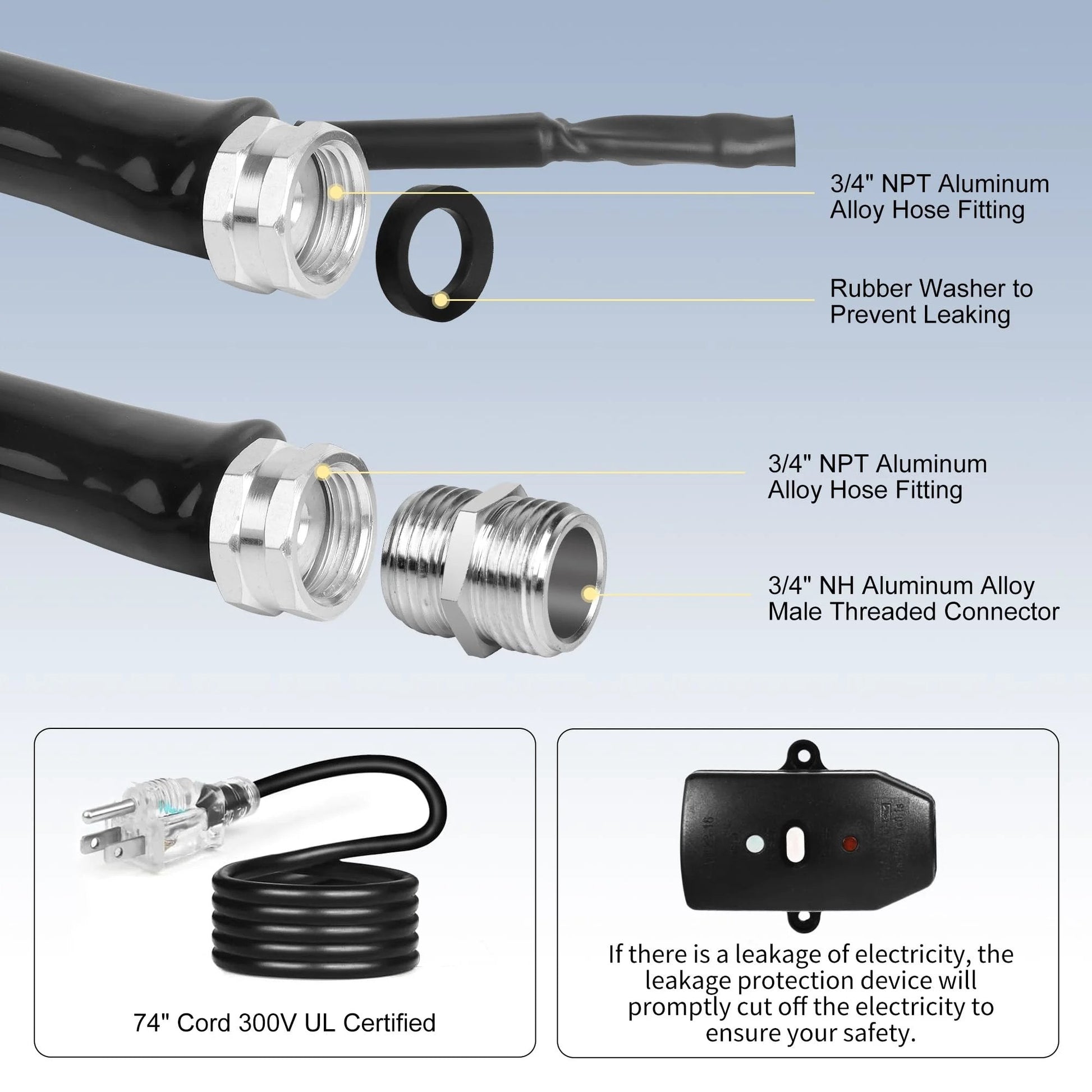 Detailed view of connectors and fittings for Heated Water Hose for RV and Garden with Self Regulating Tech and Leakage Protection No Fuss Winter Ready Five Eighths Inch Inner Diameter and Three Quarters Inch NH Fittings Ten to Fifty Feet at 120 Volts by XPORTION.