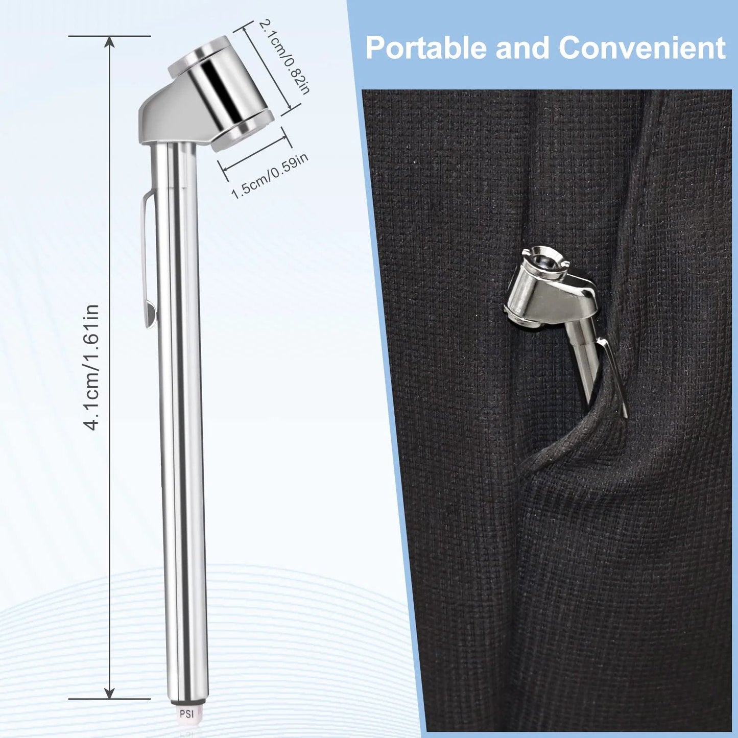 Two Pack Pencil Tire Pressure Gauge With Dual Head Metal Chuck 10 To 120 PSI in pocket showing compact zinc alloy construction