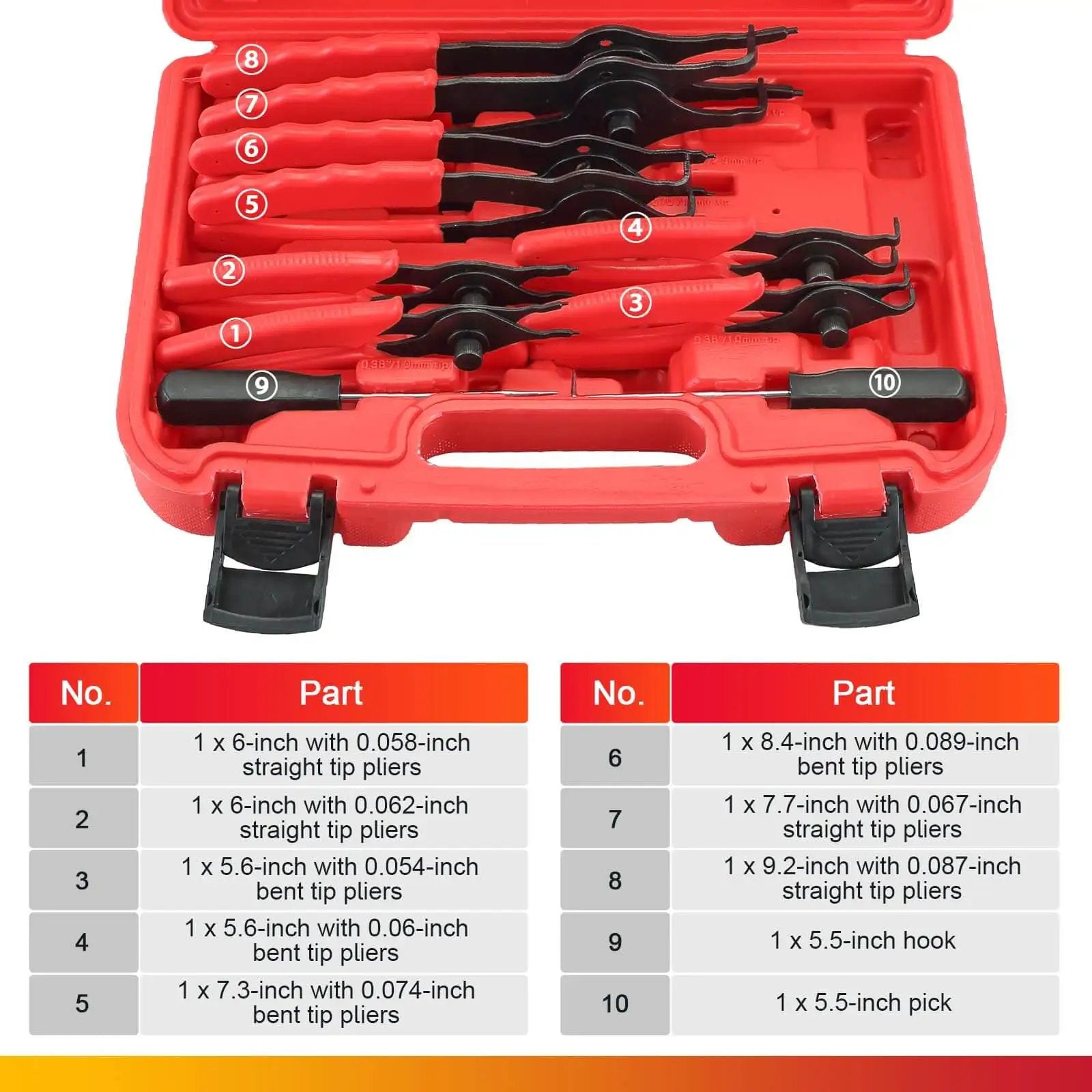 11 Piece Snap Ring Pliers Set For Car And Motorcycle in open red case showing straight and bent pliers, hook, and pick.