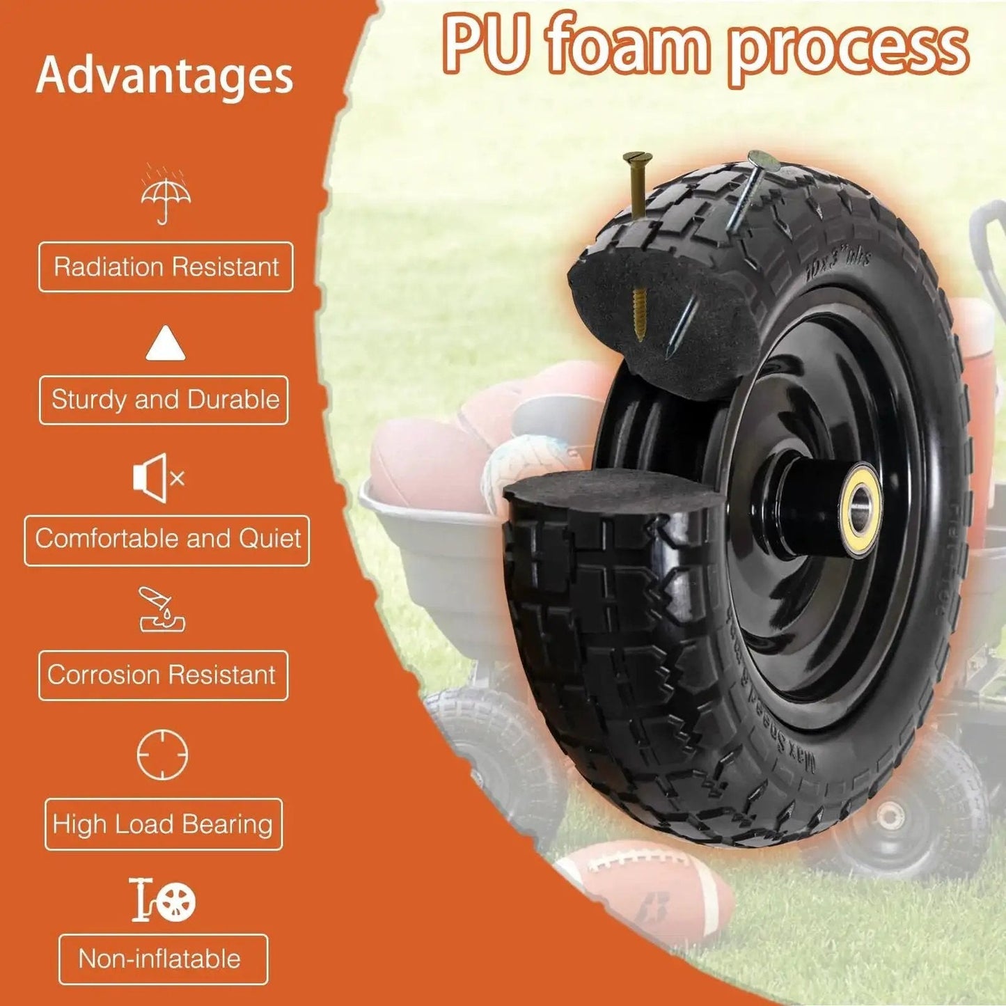 Close-up of solid 10 inch polyurethane tire 4.10/3.50-4 flat free with 3/4 inch bearings and 2.17 inch offset hub, shown front view
