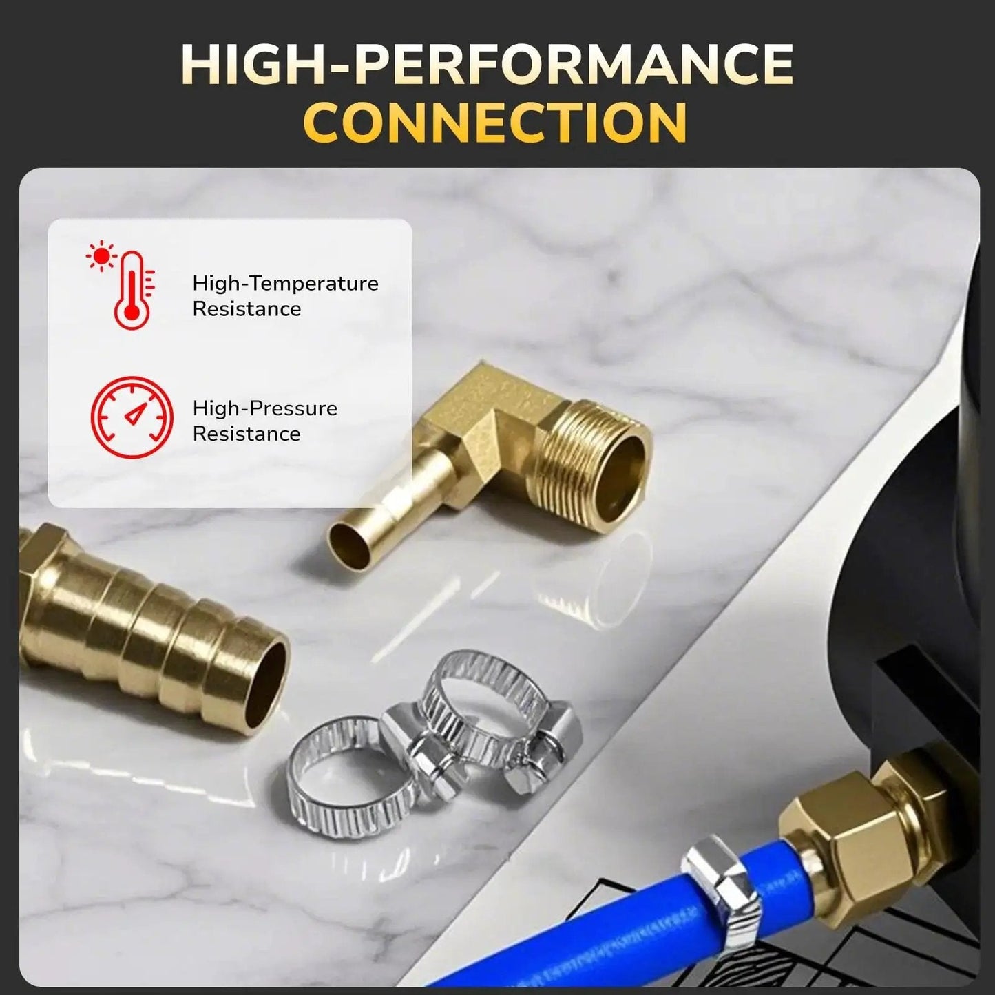 Beefy Three Eighths Inch Barb Shut Off Ball Valve For Air Water And Fuel Lines With Brass Fittings And Four Stainless Steel Clamps 2 Pack By KAINGA Leak Free Inline Hose Valve For Marine Automotive And Workshop, shown with brass fittings and stainless clamps on marble surface.
