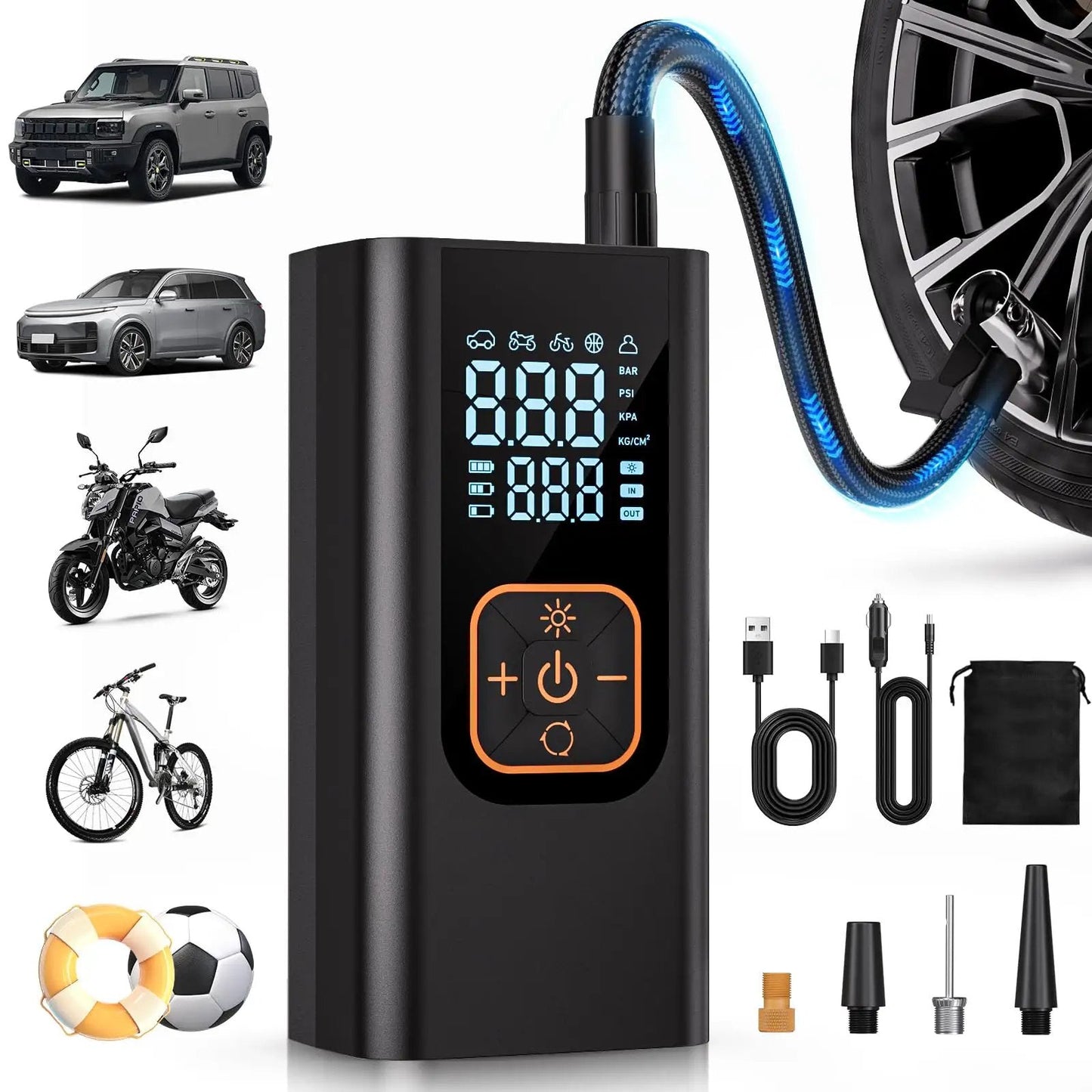 Tire Inflator Portable Air Compressor That Delivers 6X Faster Inflation to 180 PSI Electric Car Tire Pump With Pressure Gauge for Car Tires Obsidian Black, showing gauge and hose.