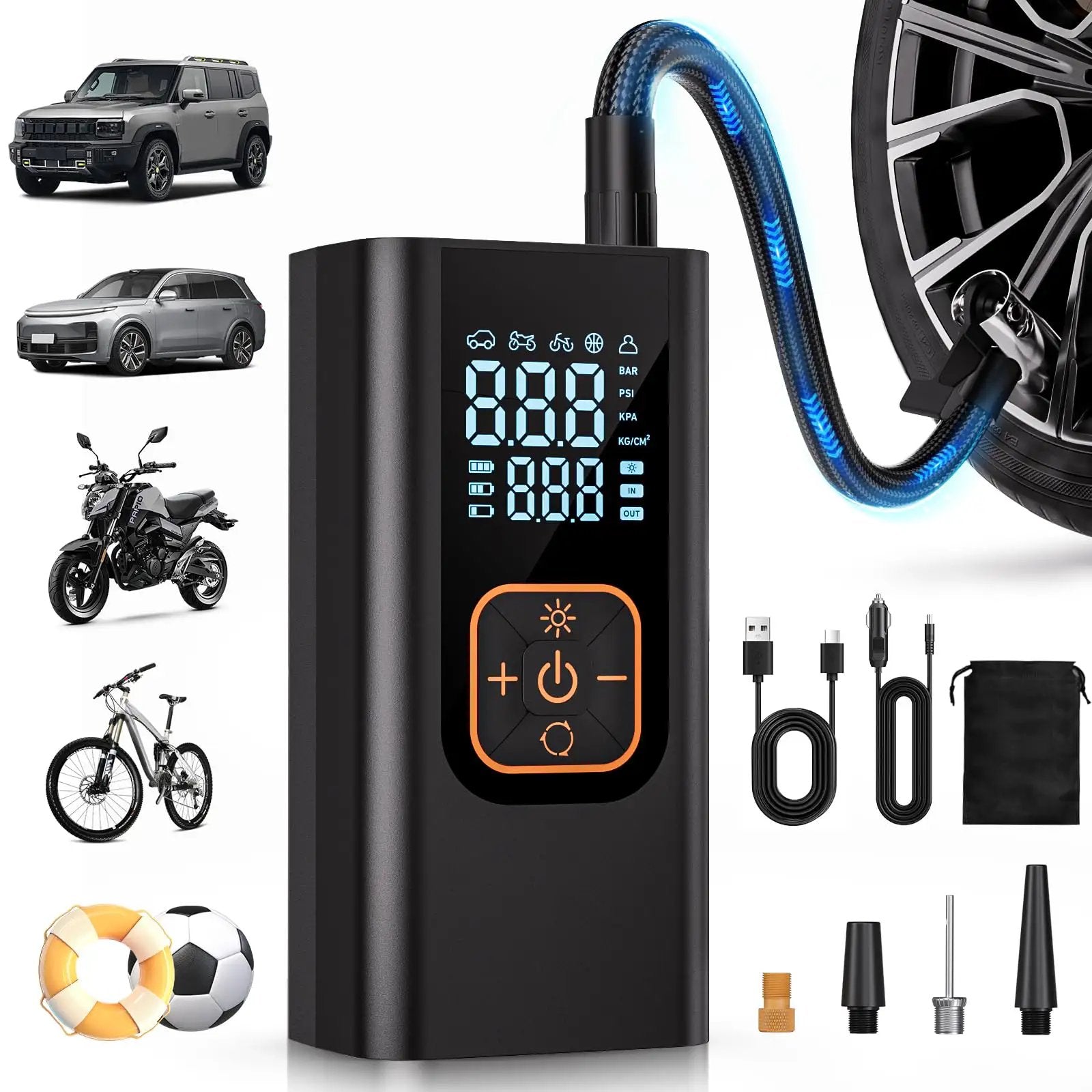 Tire Inflator Portable Air Compressor That Delivers 6X Faster Inflation to 180 PSI Electric Car Tire Pump With Pressure Gauge for Car Tires Obsidian Black, showing gauge and hose.