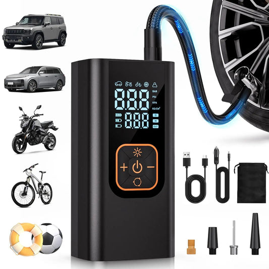 Tire Inflator Portable Air Compressor That Delivers 6X Faster Inflation to 180 PSI Electric Car Tire Pump With Pressure Gauge for Car Tires Obsidian Black, showing gauge and hose.