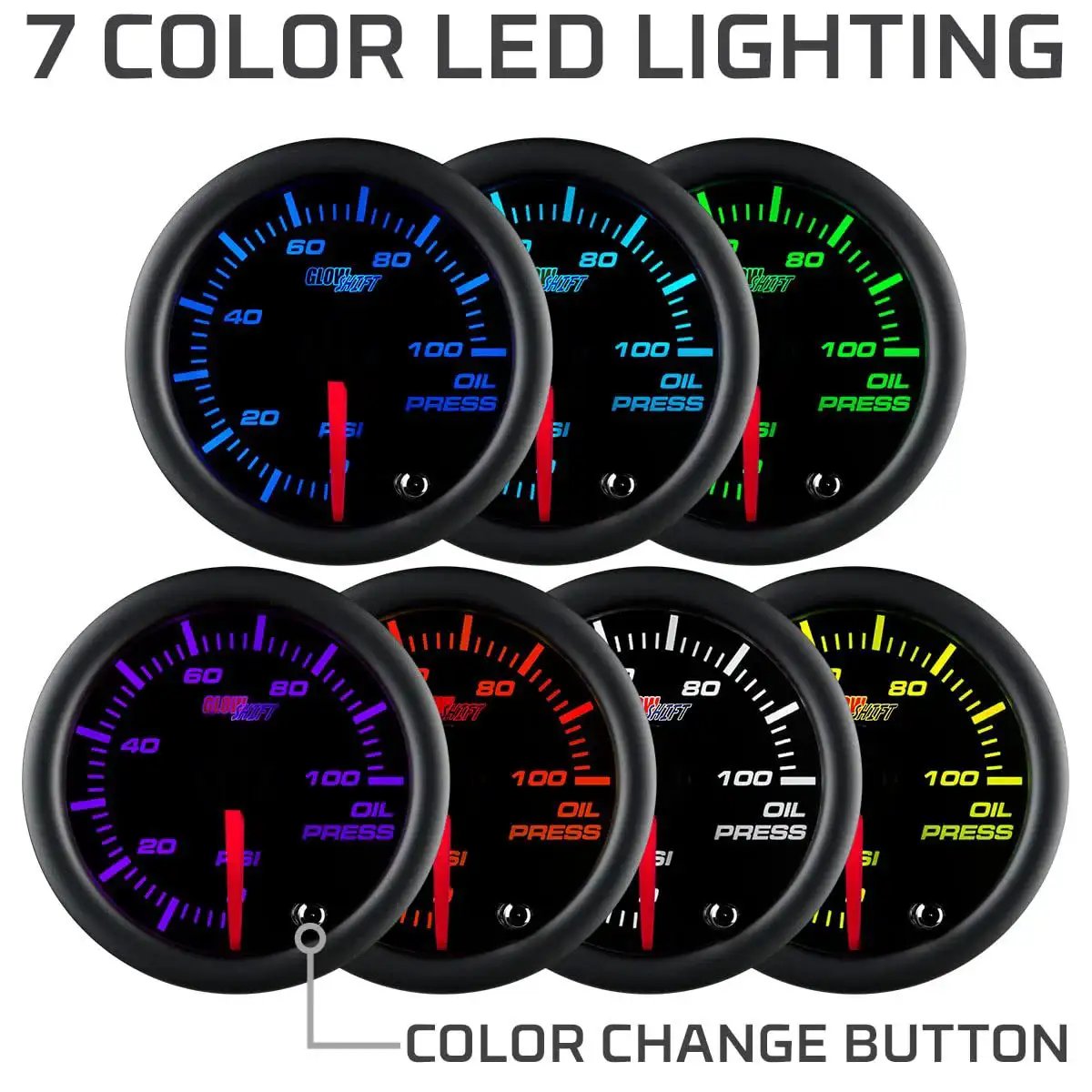 Tinted 7 Color Oil Pressure Gauge Kit With 0 To 100 PSI Range, Includes 1/8-27 NPT Electronic Sensor And Wiring, Multi Color Display