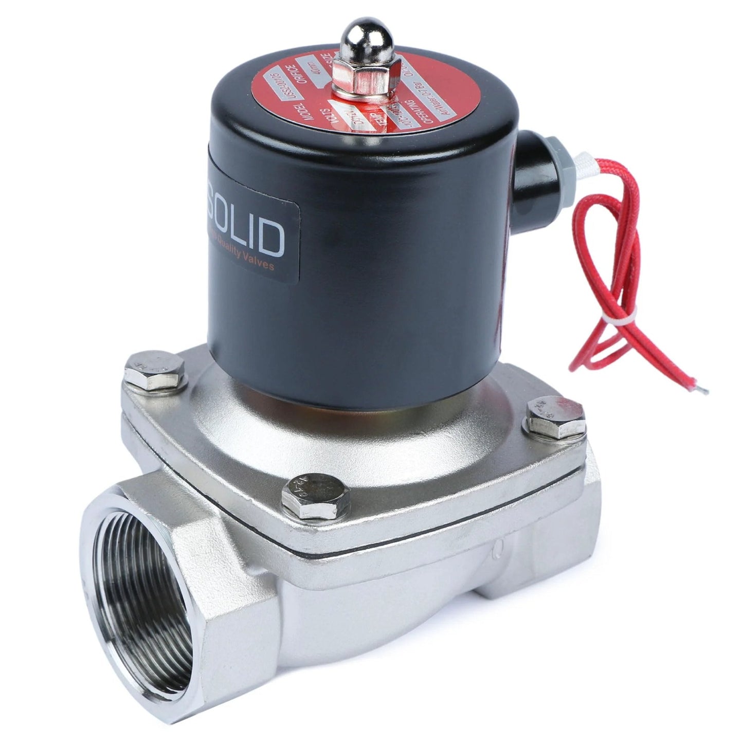 Stainless Steel One And One Half Inch 12V DC Solenoid Valve With Viton Seal Normally Closed Fast Actuation Under 1 Second For Gasoline Diesel Oils And Lubricants Durable Electric Valve For Industrial Equipment And Fluid Control, front view