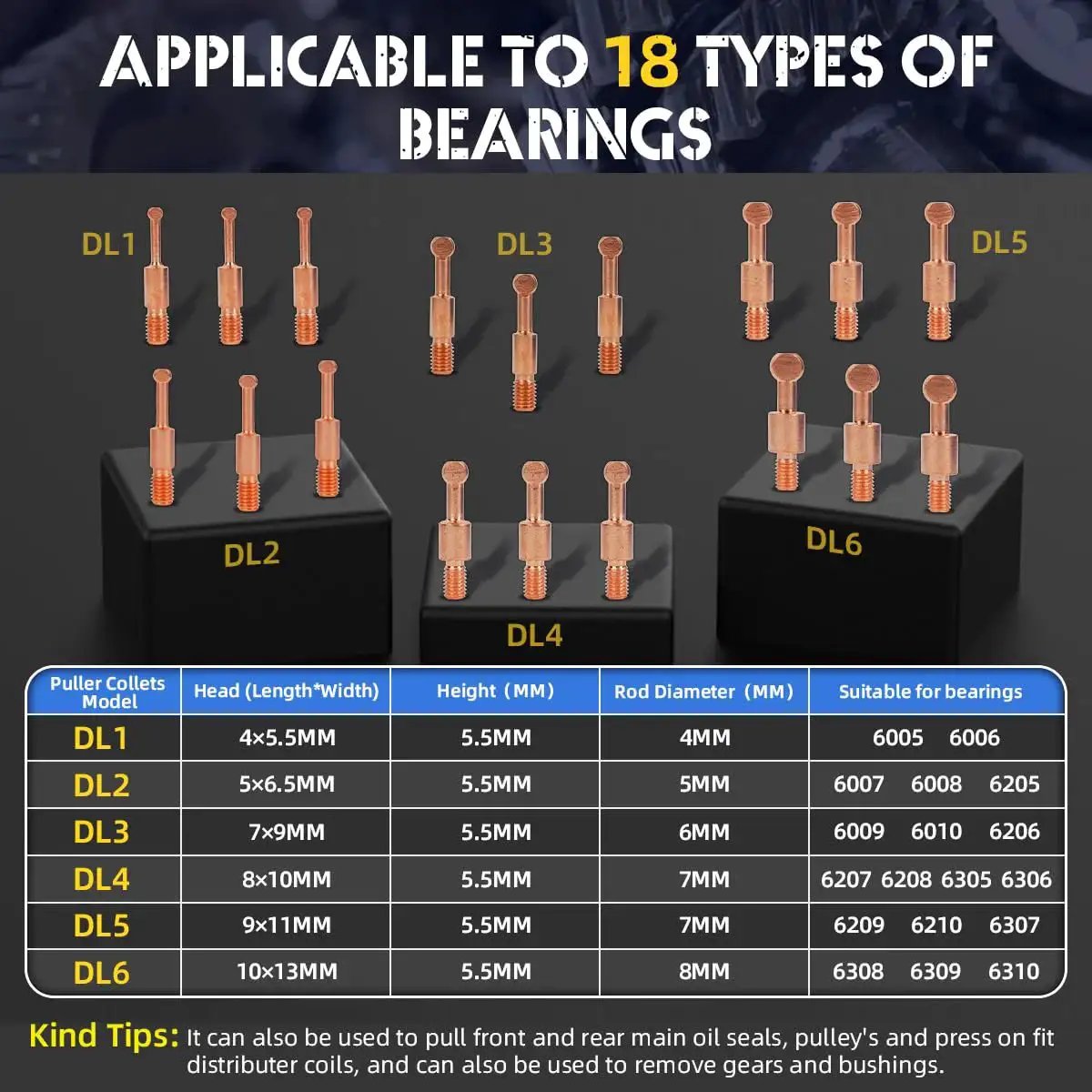 Diagram showing 18 types of collets used in the Versatile Bearing Puller Kit For Internal And External Removal 36 In 1 Wheel Bearing Tool Set.