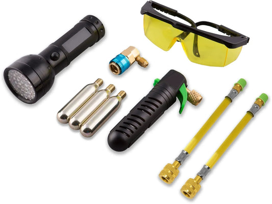 Ultra Bright UV Dye Inject Kit For Quick Leak Detection In Automotive, Home, Marine And Commercial HVAC Refrigeration, Mess Free Dye Injection, Illuminates Brightly At Leaks Made In USA By Leak Saver shown with tools and accessories.