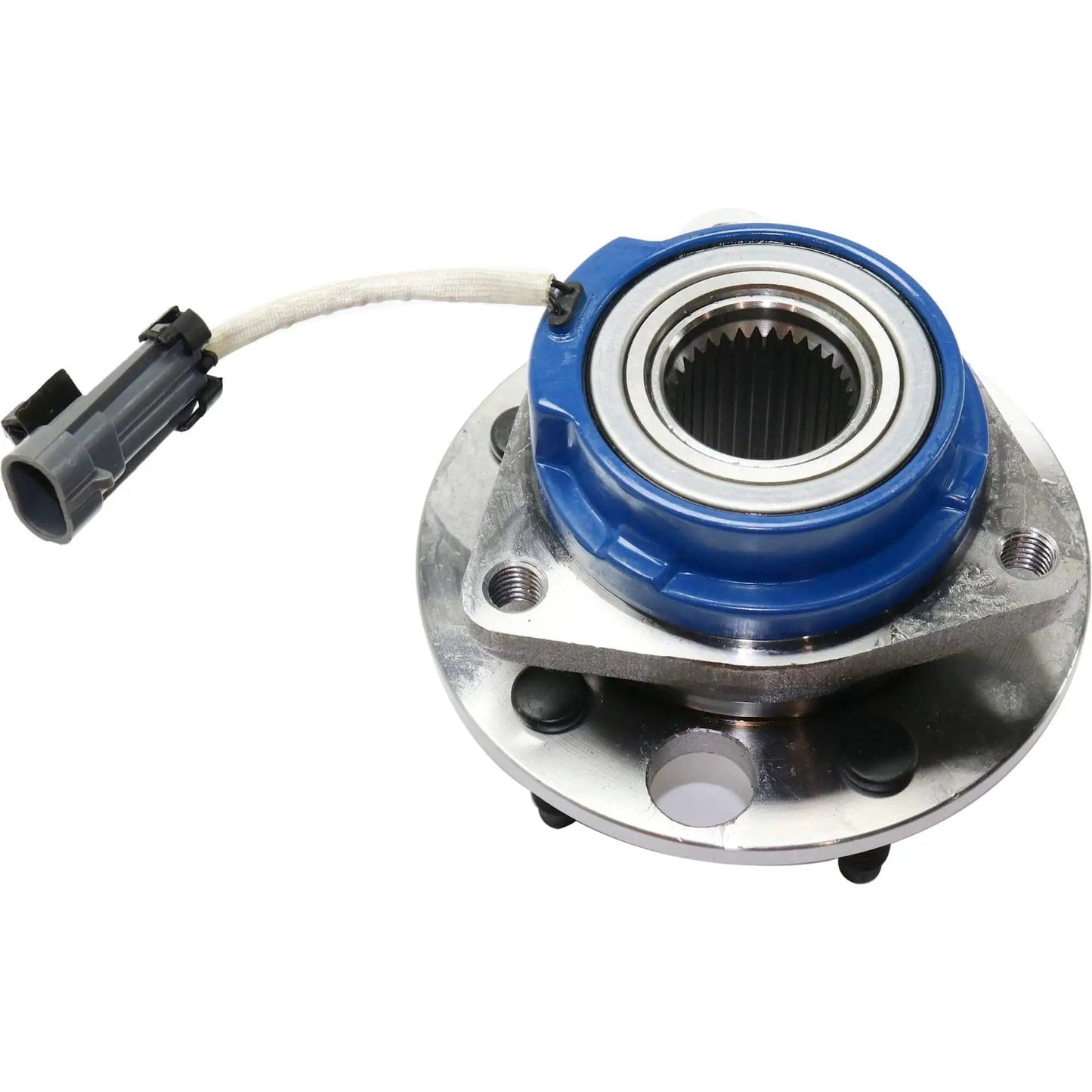 Wheel Hub Bearing Assembly Kit with Tie Rod Ends, Set of 6, Direct Fit Replacement for Buick LeSabre 2001-2005; Lucerne 2006-2011; Cadillac DTS 2006-2011; 5-lug ABS, replaces 88964168, shown in close-up with ABS sensor wire and bolt holes.
