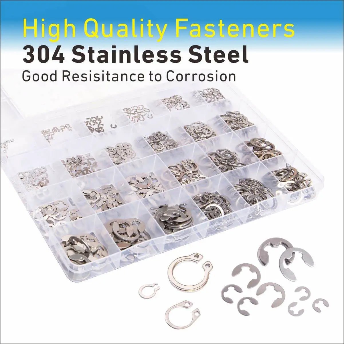 327Pcs E Clips Circlip Retaining Rings Kit With 24 Sizes From 1.2mm To 10mm Includes External C Clips Snap Rings 304 Stainless Steel External Retaining Rings Heavy Duty Tool Set For Machinery Automotive DIY displayed in clear organizer with various sizes visible