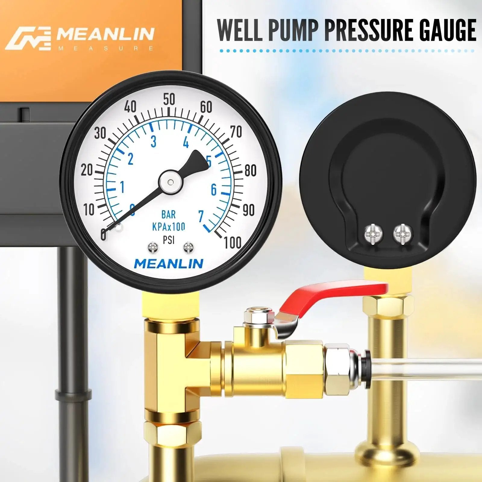 Well Pump Pressure Gauge 0 to 100 PSI, 2 Inch Dial Face, Lower Mount, One Quarter Inch NPT Port shown in close-up installation