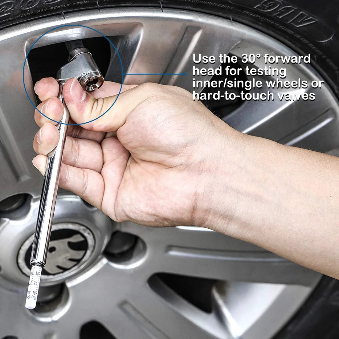 Pencil Tire Pressure Gauge Dual Head For Cars Trucks RVs ATVs Motorcycles And Bikes Mechanical Gauge With Stainless Steel Stem 10 To 120 PSI Silver 2 Pack CZC AUTO in use on car tire valve