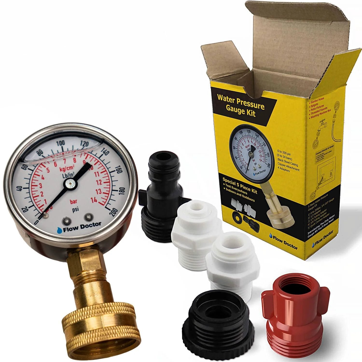 All Purpose Pro Grade Water Pressure Gauge Kit With Glycerin Filled Gauge Flow Doctor 0 To 200 Psi, Six Piece Set displayed.