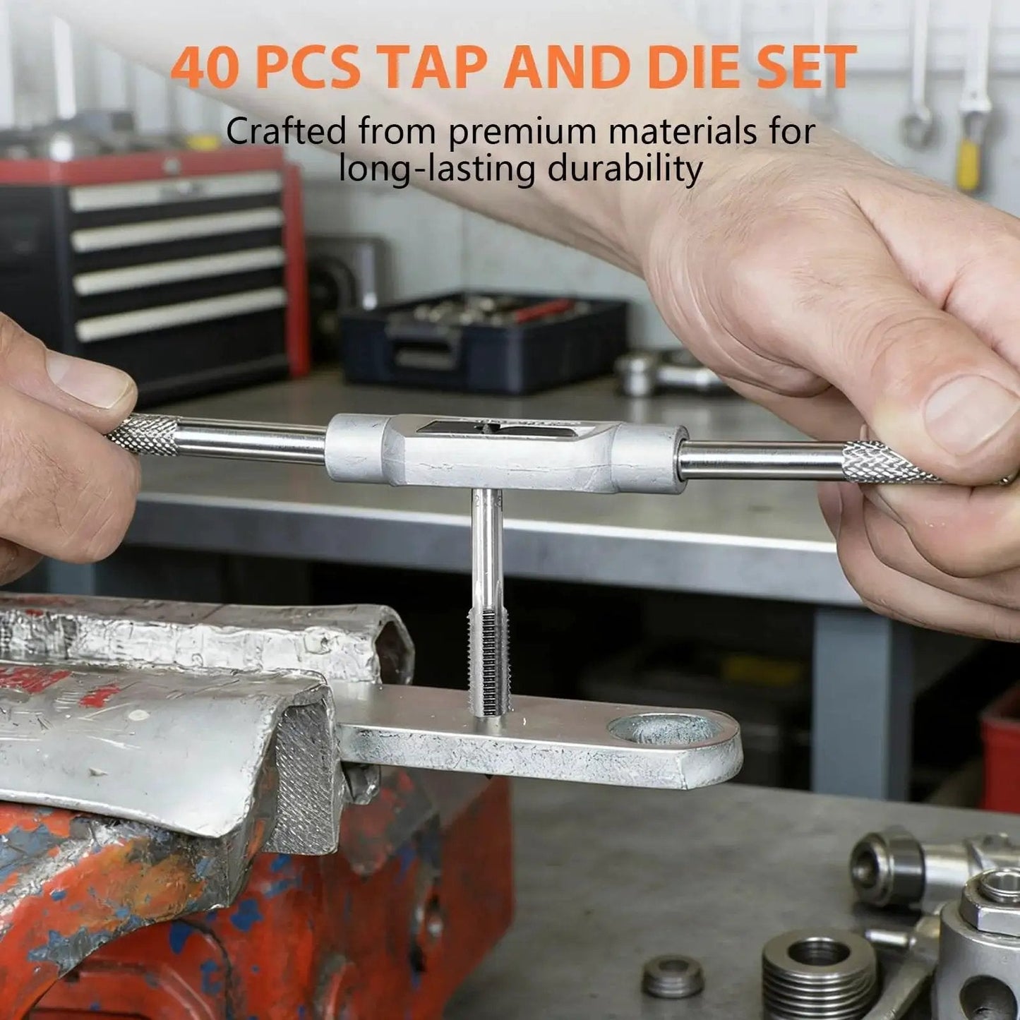 Using the 40 Piece Metric Tap And Die Set With Coarse And Fine Threads M3 Through M12 to repair metal with GCr15 steel tool.
