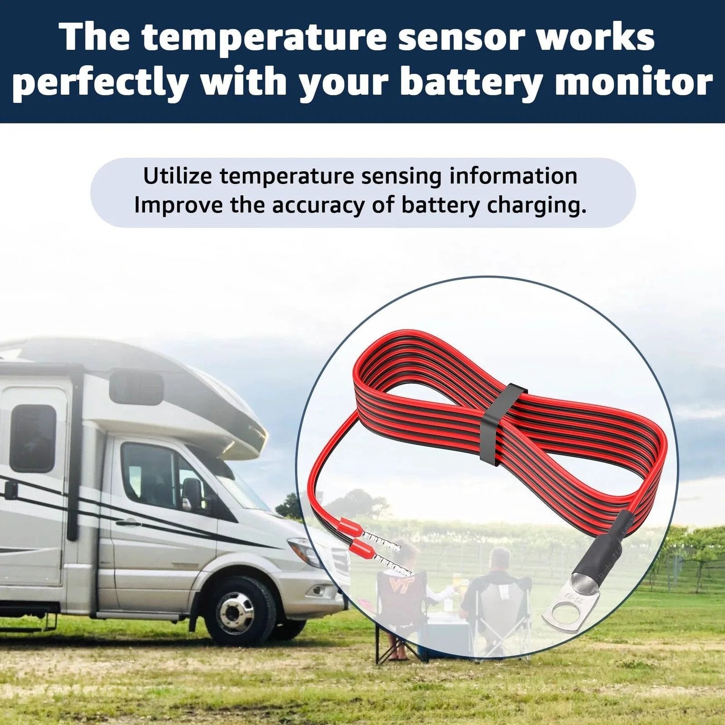 Temperature Sensor Replacement For Victron Energy That Is A Must Have For Precision Battery Temperature Monitoring shown next to RV.