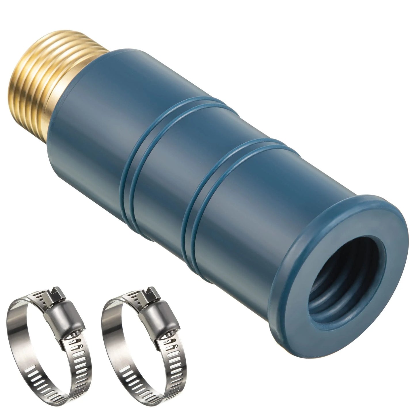 Universal Faucet Hose Adapter With Three Quarter Inch Brass Threaded End And Flexible Silicone Sleeve Fits Most Hoses And Damaged Or Threadless Faucets Great For RV Garden And Outdoor Water Connections showing brass and silicone design with clamps.