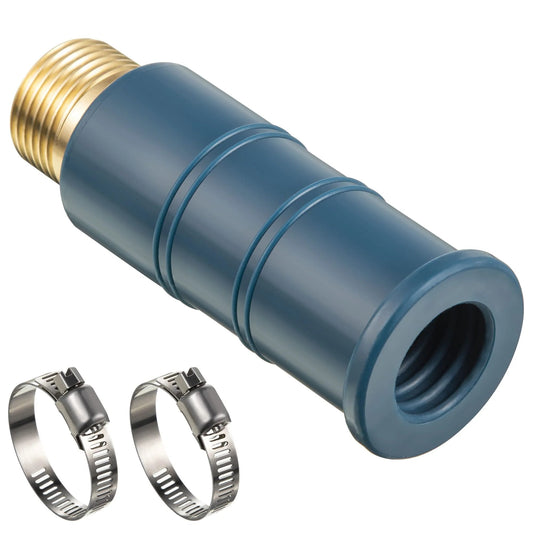 Universal Faucet Hose Adapter With Three Quarter Inch Brass Threaded End And Flexible Silicone Sleeve Fits Most Hoses And Damaged Or Threadless Faucets Great For RV Garden And Outdoor Water Connections showing brass and silicone design with clamps.