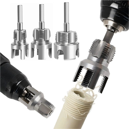 PVC Pipe Threader Set For Plumbing Repairs, 3-piece carbon steel tool kit threading one inch, one half inch, and three quarter inch pipes