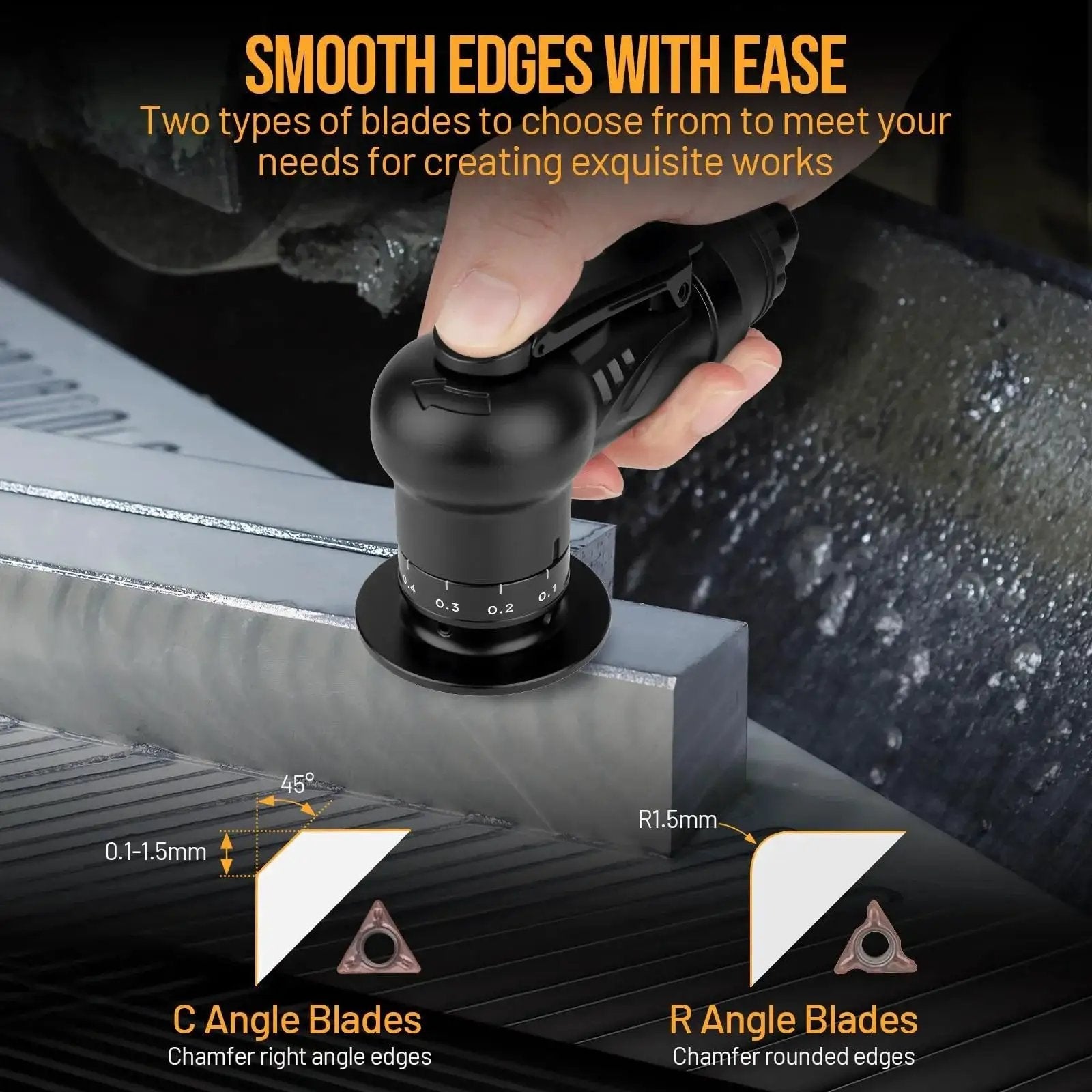 Pneumatic Chamfering Tool With 6 C Angle And 6 R Angle Blades For 45 Degree Bevels And Radius Edges Upgrade Air Deburring Tool In Use