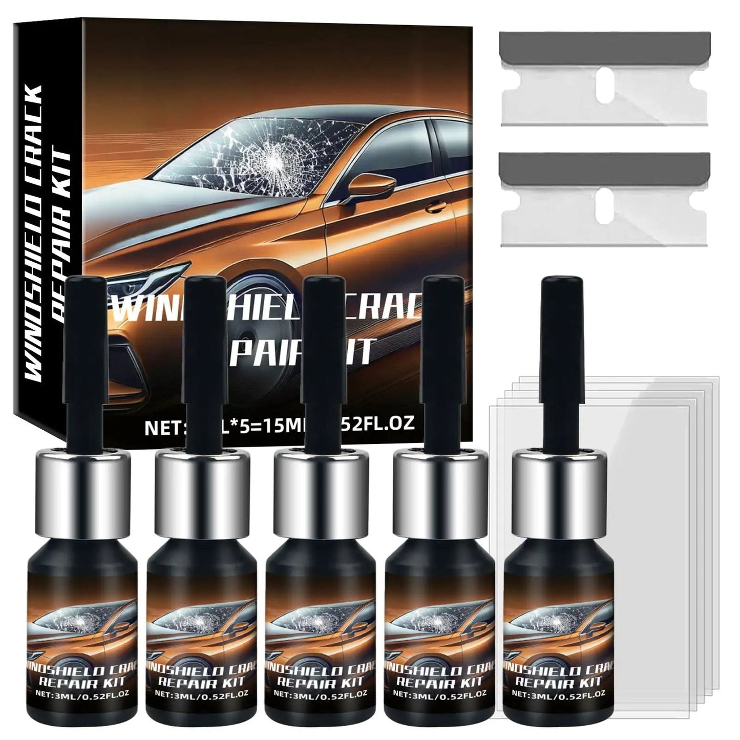 DIY Windshield Repair Kit for Chips and Cracks That Stops Spreading in Minutes with 5 bottles and additional tools.