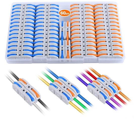 Lever Wire Connectors Quick Connect Splicing Kit For Compact Inline Terminals 28-12 AWG 1 In 1 Out Multicolored 60-Piece Set