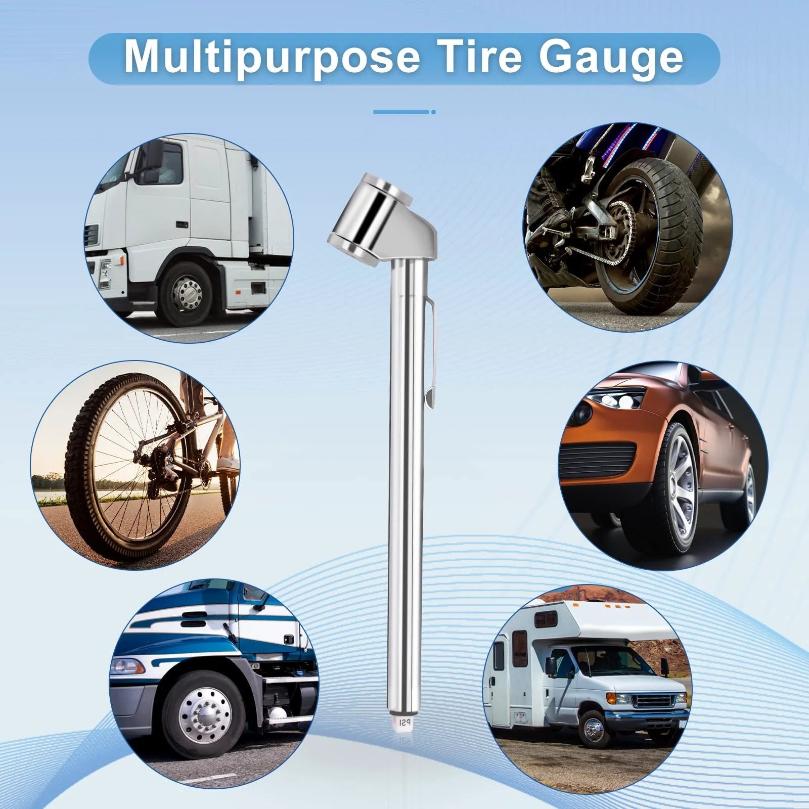 Two Pack Pencil Tire Pressure Gauge With Dual Head Metal Chuck 10 To 120 PSI Range Heavy Duty Tire Valve Gauge For Truck Car SUV RV ATV Motorcycle Zinc Alloy Construction And Precise Reading shown with vehicle wheel options.