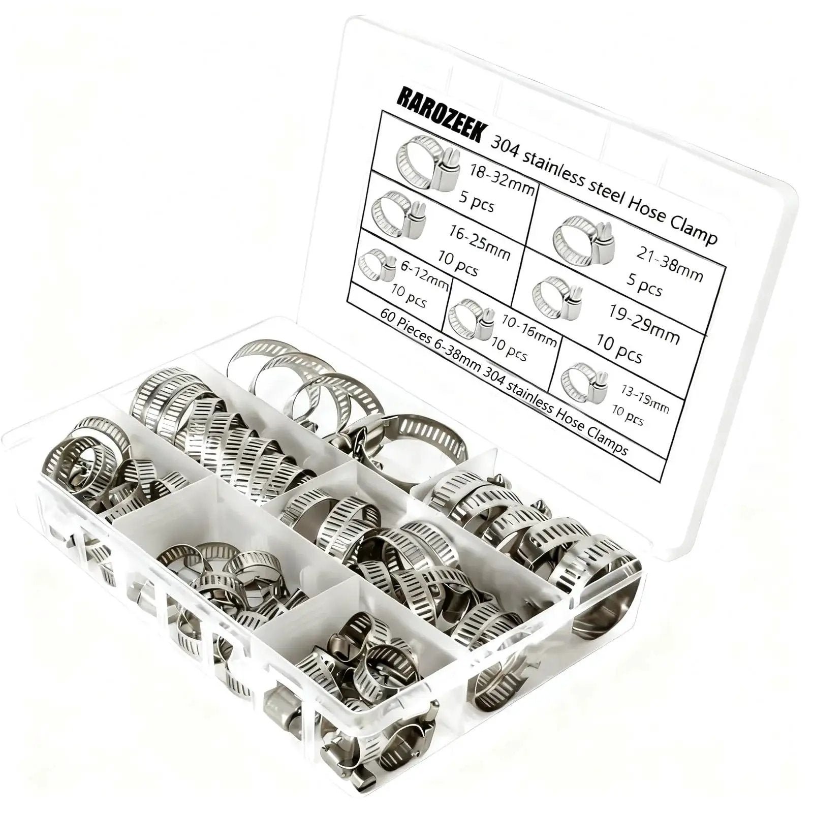 Beefy Stainless Steel Hose Clamp Kit for Automotive Fuel Lines and Radiator, 60 Piece Assortment, Adjustable 1/4 to 1-1/2 Inch visible in case