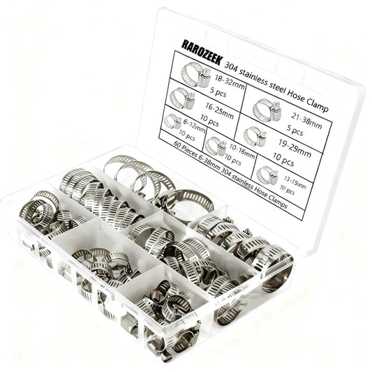 Beefy Stainless Steel Hose Clamp Kit for Automotive Fuel Lines and Radiator, 60 Piece Assortment, Adjustable 1/4 to 1-1/2 Inch visible in case