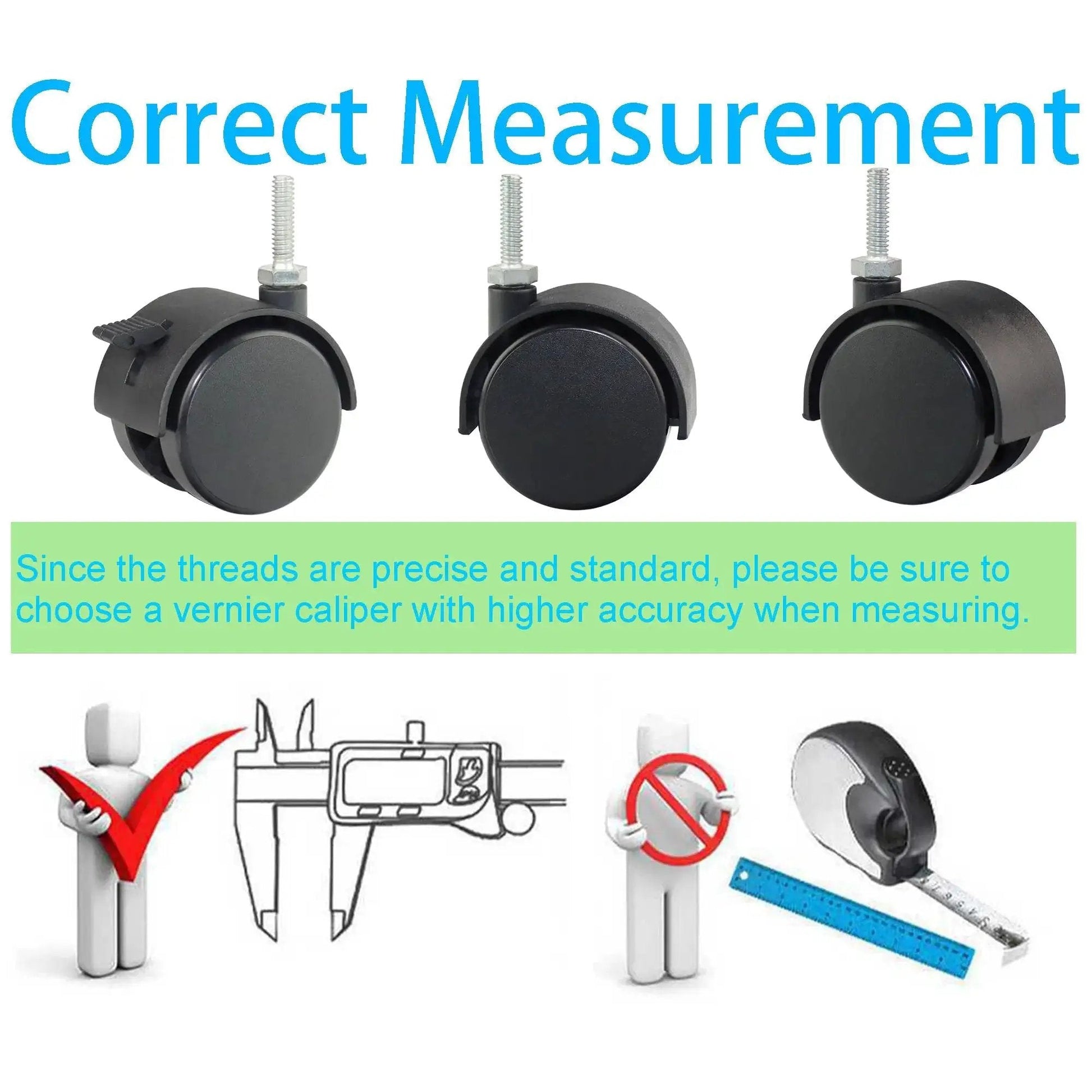 Instruction image showing 2 Inch Shelving Caster Swivel Stem Wheel With 1/4-20 Thread Stem for precise measurement accuracy
