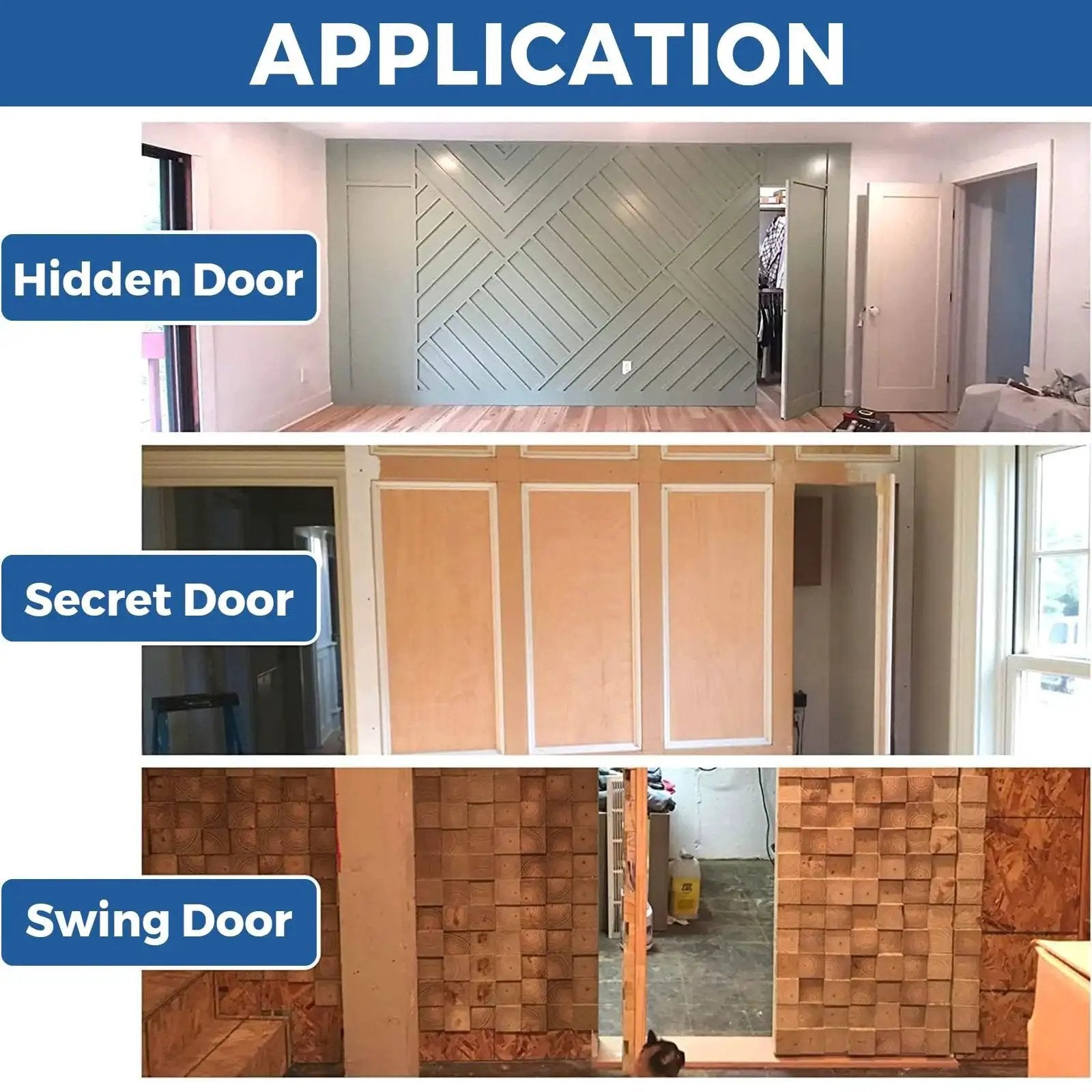 Application of Heavy Duty Pivot Hinge for Secret Hidden Doors and Hidden Bookcase Doors, showcasing installed examples