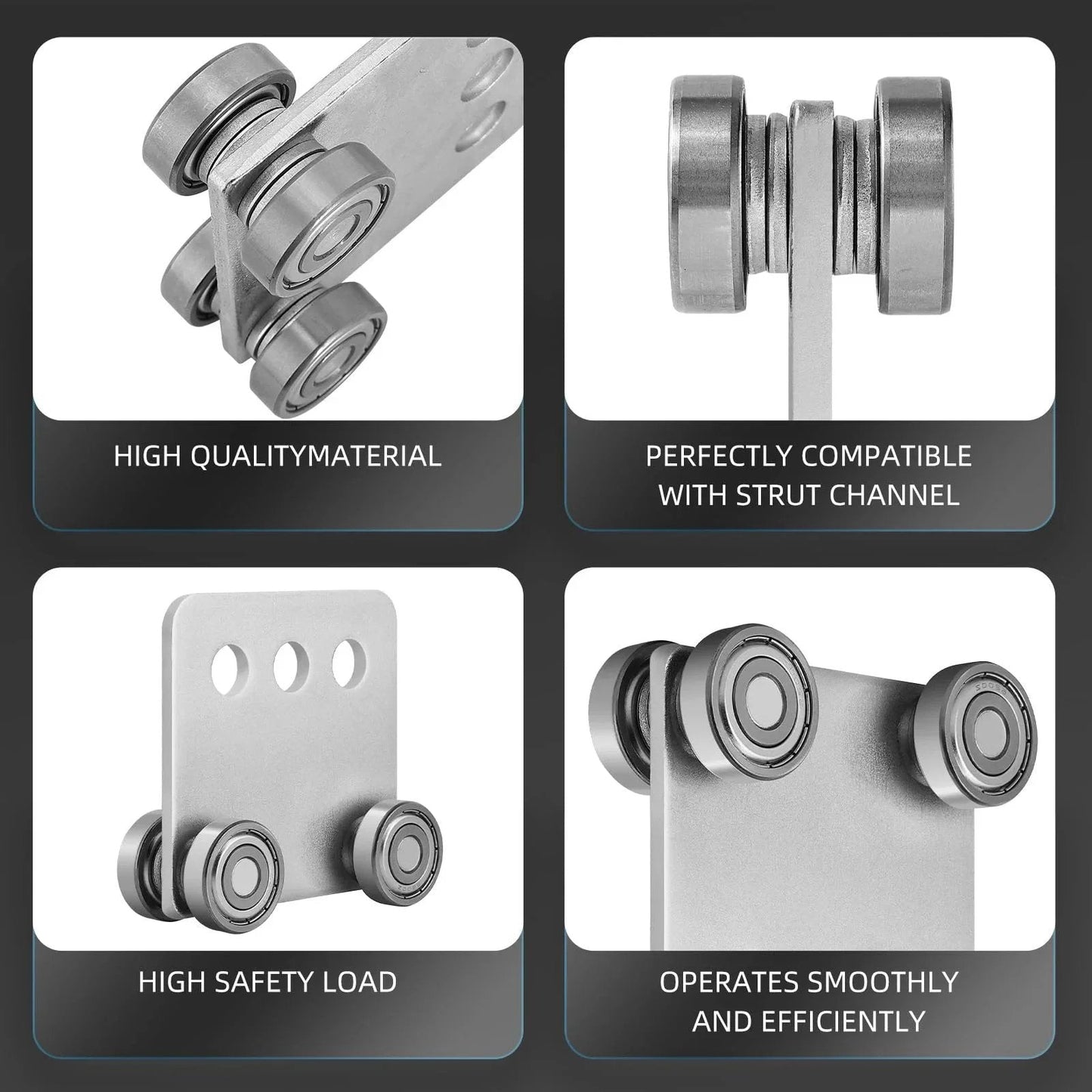 Four Wheel Trolley Assembly Rollers With Four Bearings For One And Five Eighths Inch Wide Strut Channel, close-up view of steel rollers