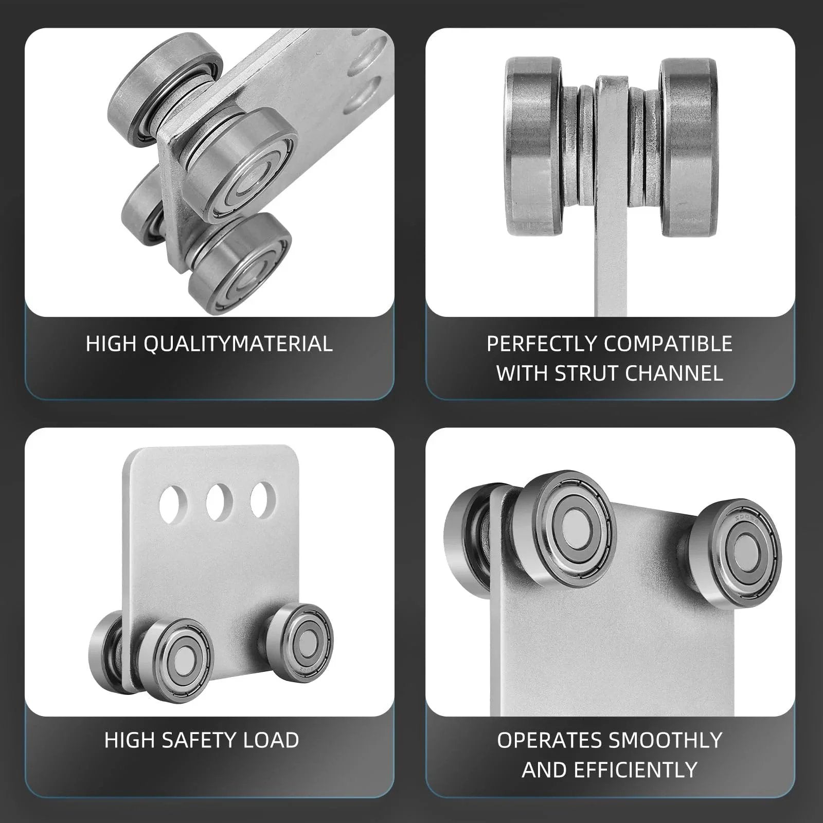Four Wheel Trolley Assembly Rollers With Four Bearings For One And Five Eighths Inch Wide Strut Channel, close-up view of steel rollers