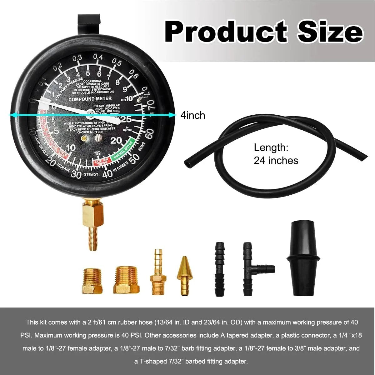 DIY Friendly Fuel Pressure Tester Kit With Vacuum Gauge For Cars And Trucks, gauge, hose, and adapters displayed