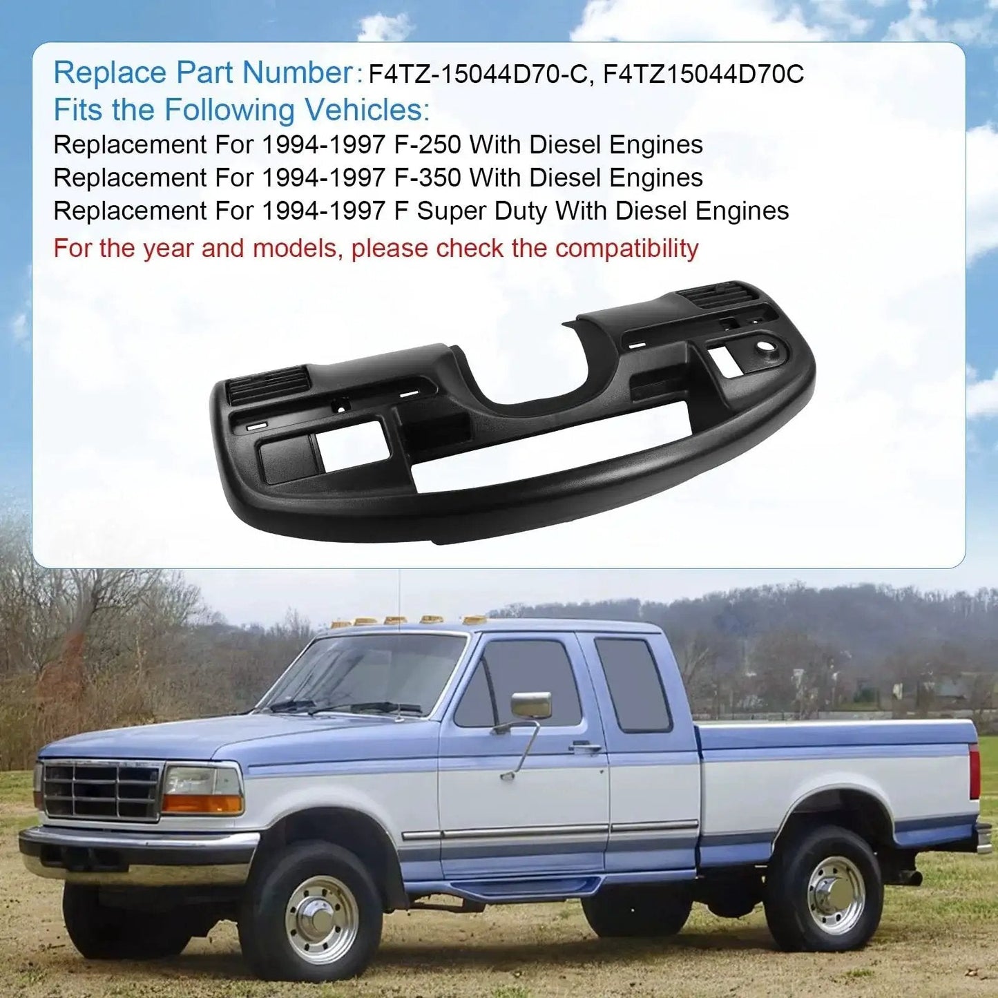 Diesel Instrument Dash Cluster Bezel for 1994-1997 Ford F-250 F-350 Super Duty, black ABS plastic replacement panel shown.