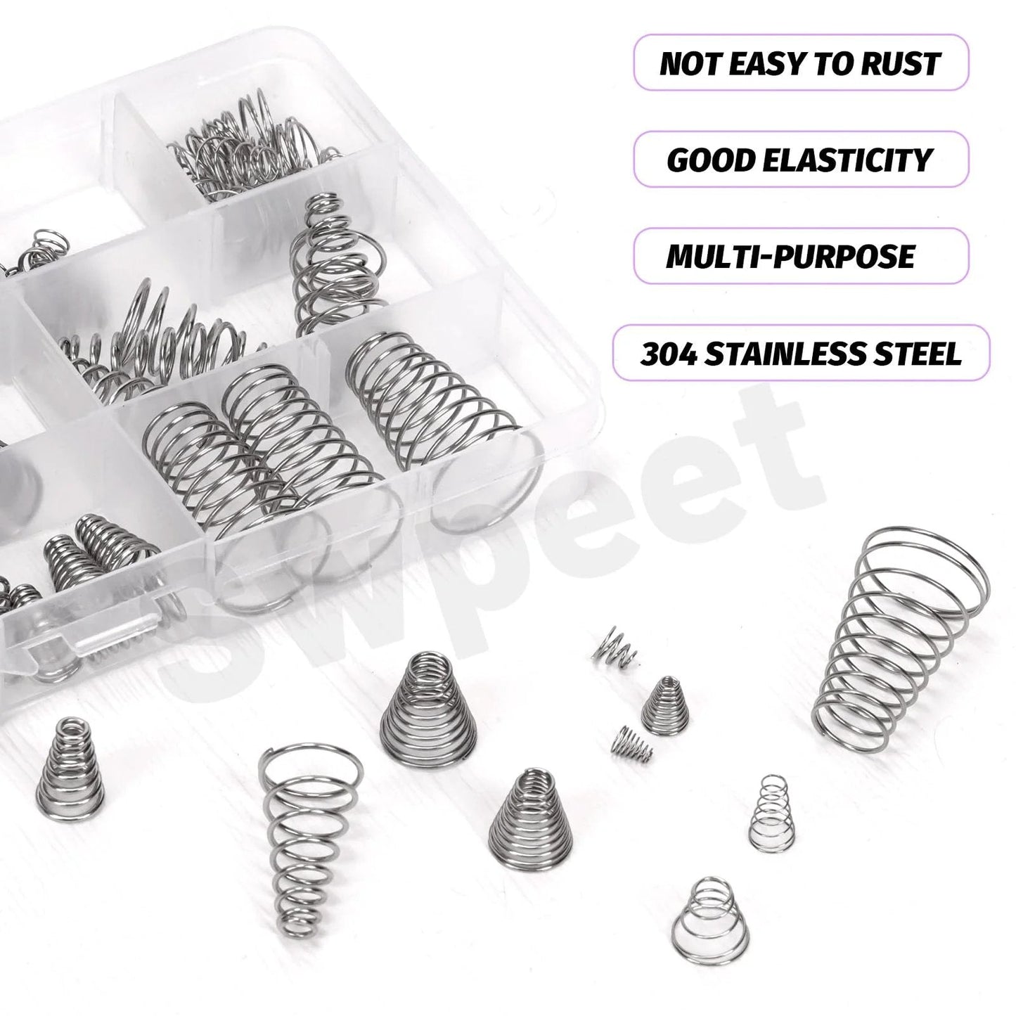 Must Have 123Pcs Conical Spring Kit With 10 Sizes 0.3 0.5 0.7 0.8 1 Stainless Steel Small Compression Springs shown with storage box