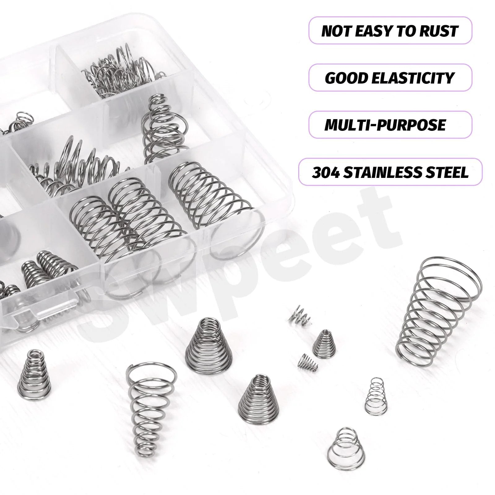 Must Have 123Pcs Conical Spring Kit With 10 Sizes 0.3 0.5 0.7 0.8 1 Stainless Steel Small Compression Springs shown with storage box