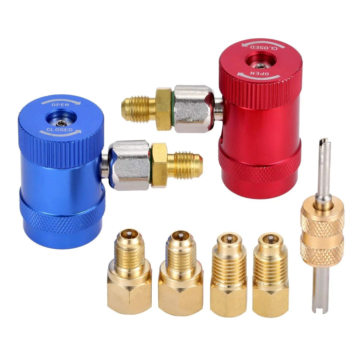 Pro Grade R1234yf Quick Coupler Adapters for AC Diagnostics and Charging, blue and red quick couplers with brass accessories visible