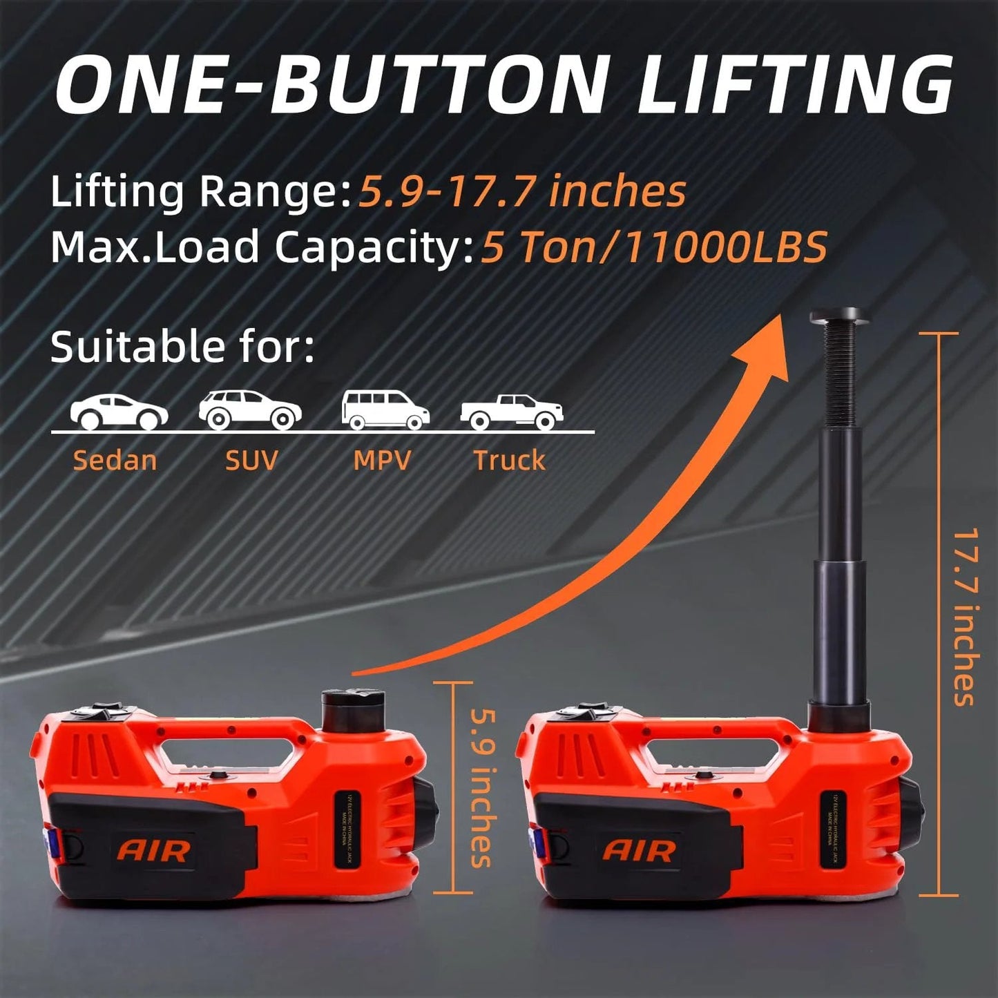 Powerful 5Ton Electric Car Jack With Quick Hydraulic Lift Portable 12V Floor Jack Tire Inflator LED Light And Full Accessory Kit