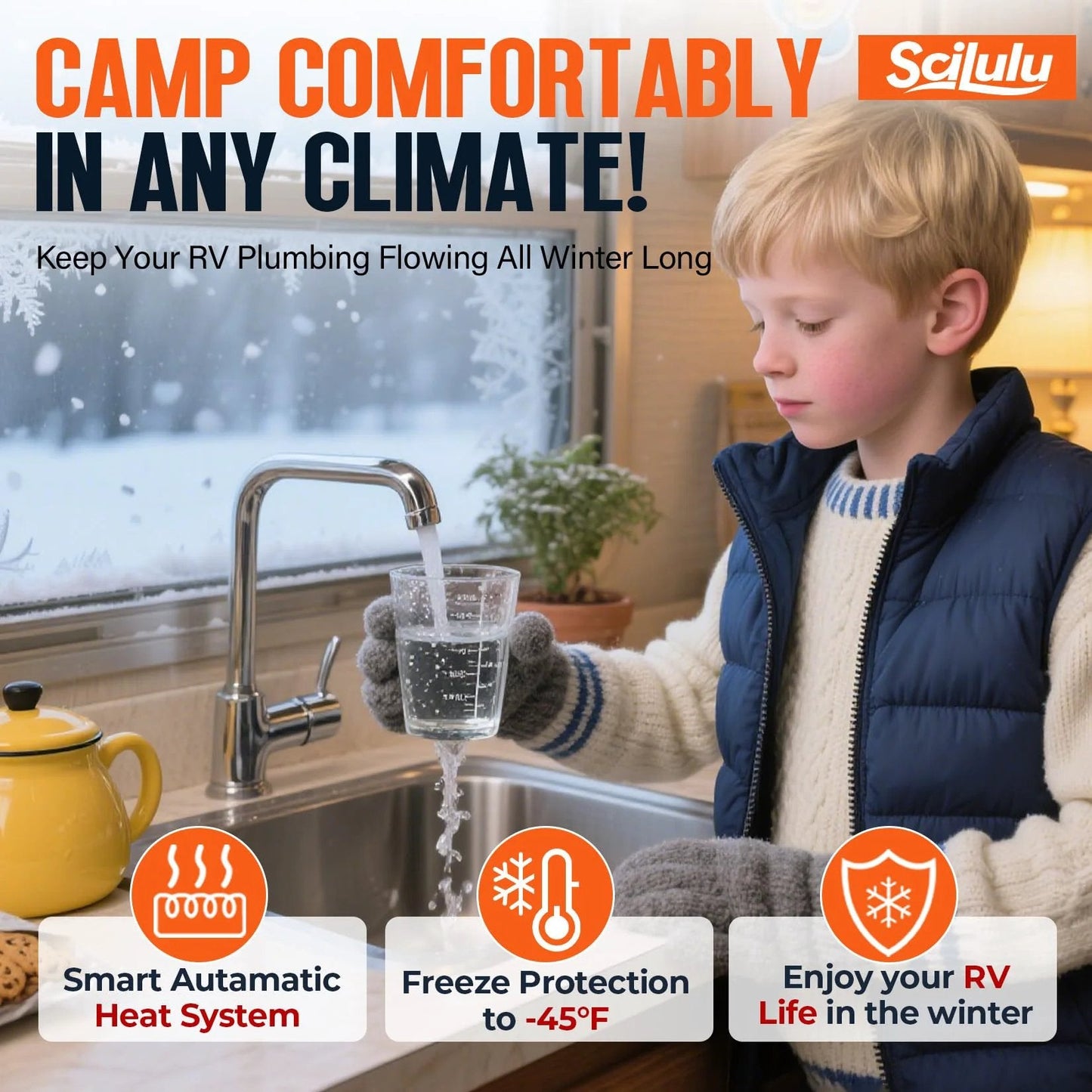 Child using Scilulu Heavy Duty Heated Water Hose For RVs And Home Use to fill glass indoors, preventing freezing in winter