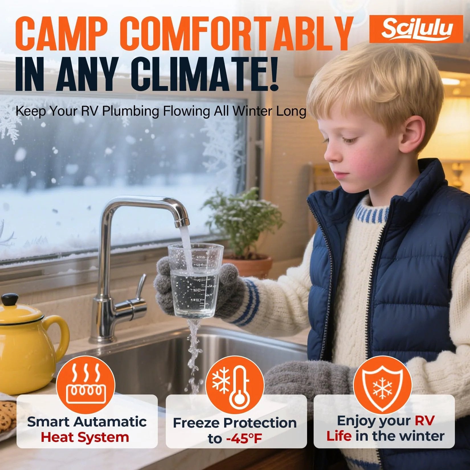 Child using Scilulu Heavy Duty Heated Water Hose For RVs And Home Use to fill glass indoors, preventing freezing in winter