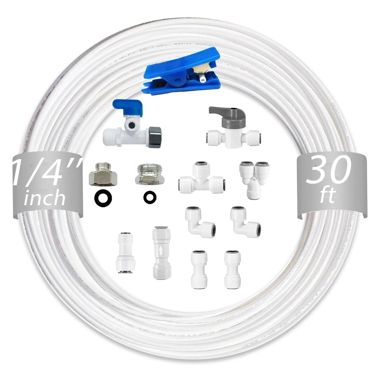 One Quarter Inch Push To Connect Water Line Fittings And Thirty Feet Of One Quarter Inch Tubing Kit For Reverse Osmosis Systems, Easy Install With Eleven Connectors, BPA Free POM Material, NSF Certified, Feed Water Adapter Kit image showing tubing and connectors