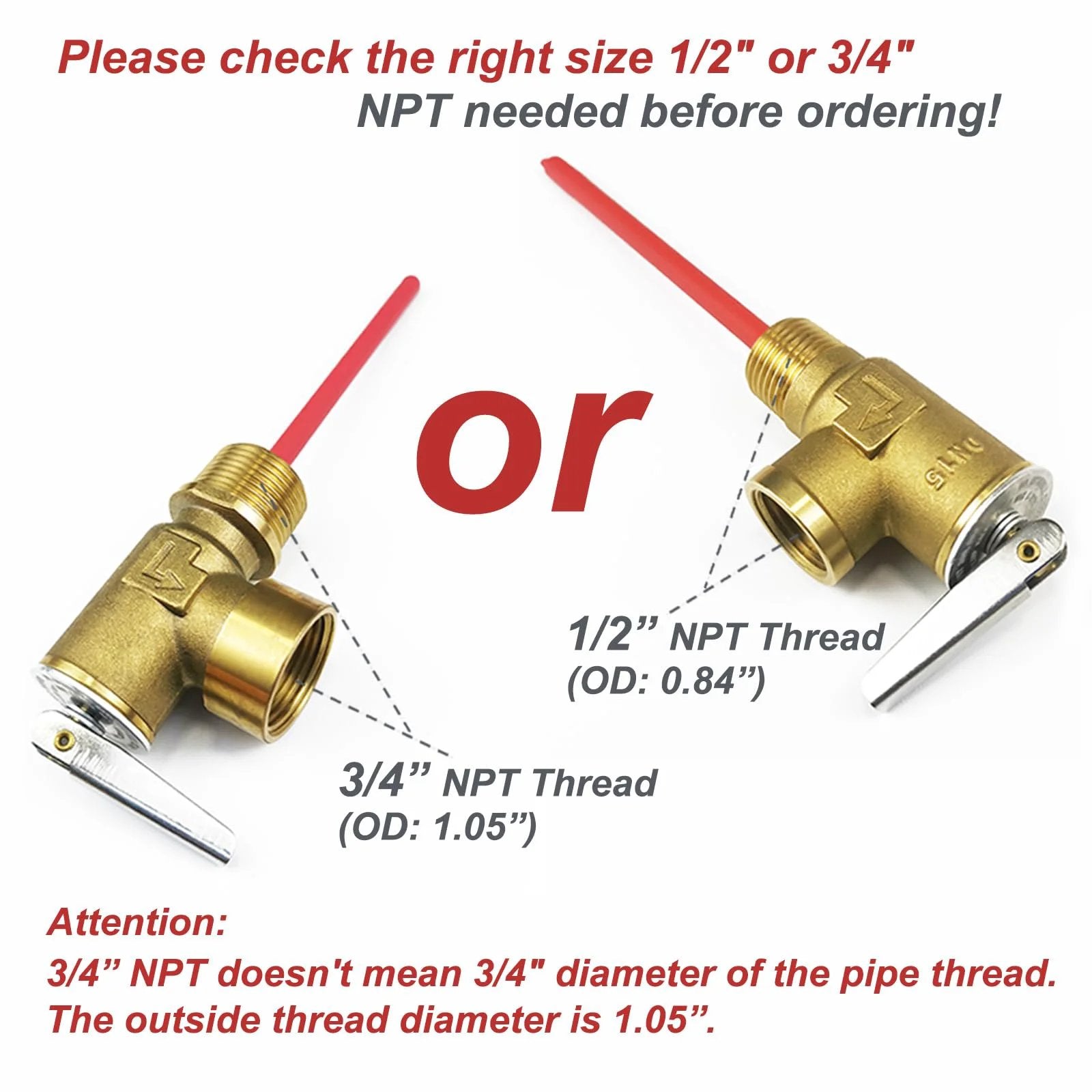 Image comparing 1/2 and 3/4 inch NPT threads for Heavy Duty RV Water Heater Relief Valve With 210 Fahrenheit And 150 PSI Safety Relief.