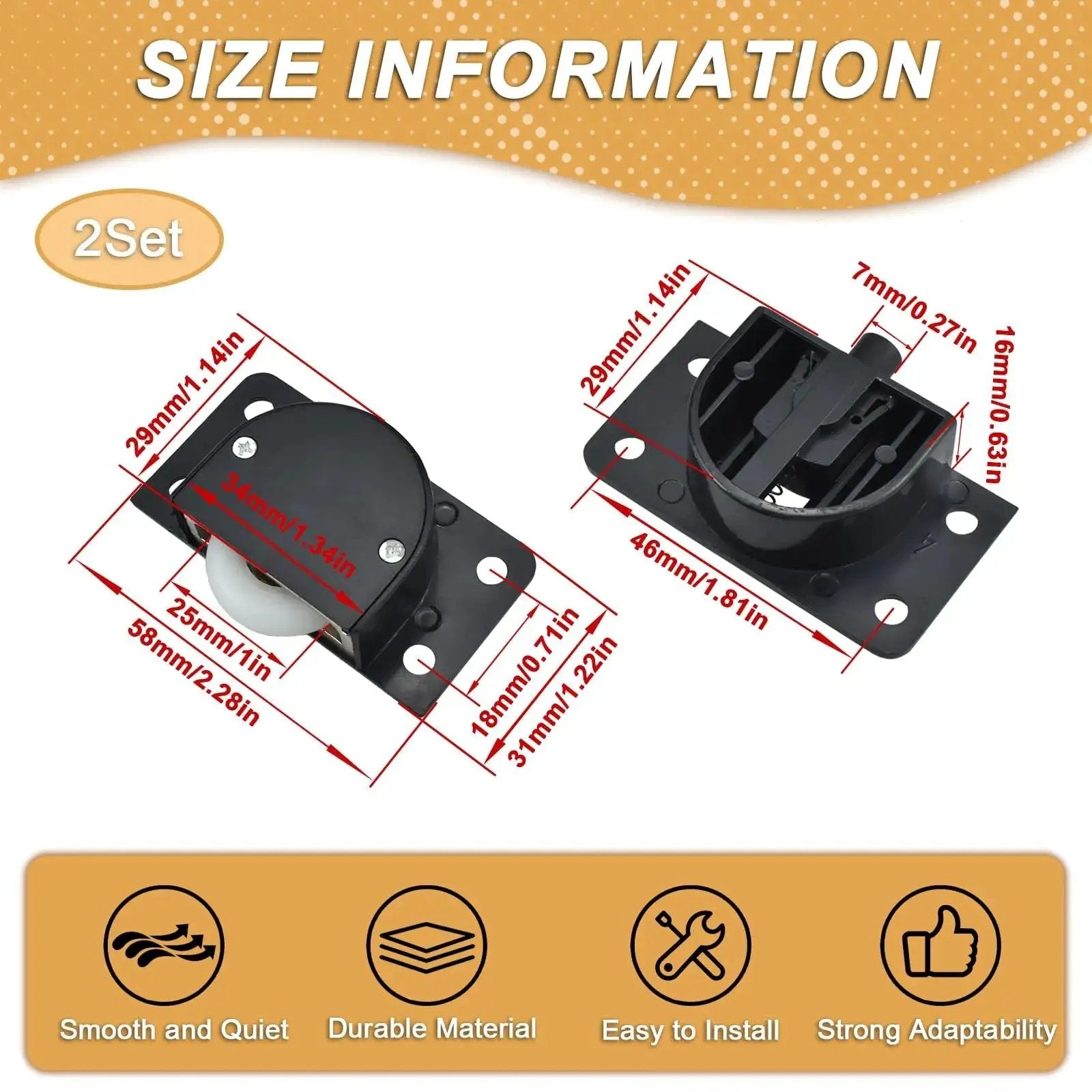 Two Sets Sliding Door Rollers Pulleys With Silent Nylon Wheels dimensions and features overview.