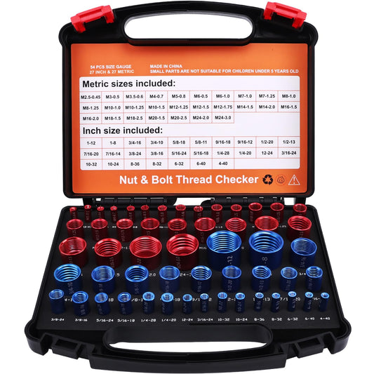 54-Piece Nut And Bolt Thread Checker Kit For Tight Spaces With 27 Inch And 27 Metric Sizes Pro Grade Bolt And Nut Identifier Gauge In An Organized Foam Tray For Quick Inspections
